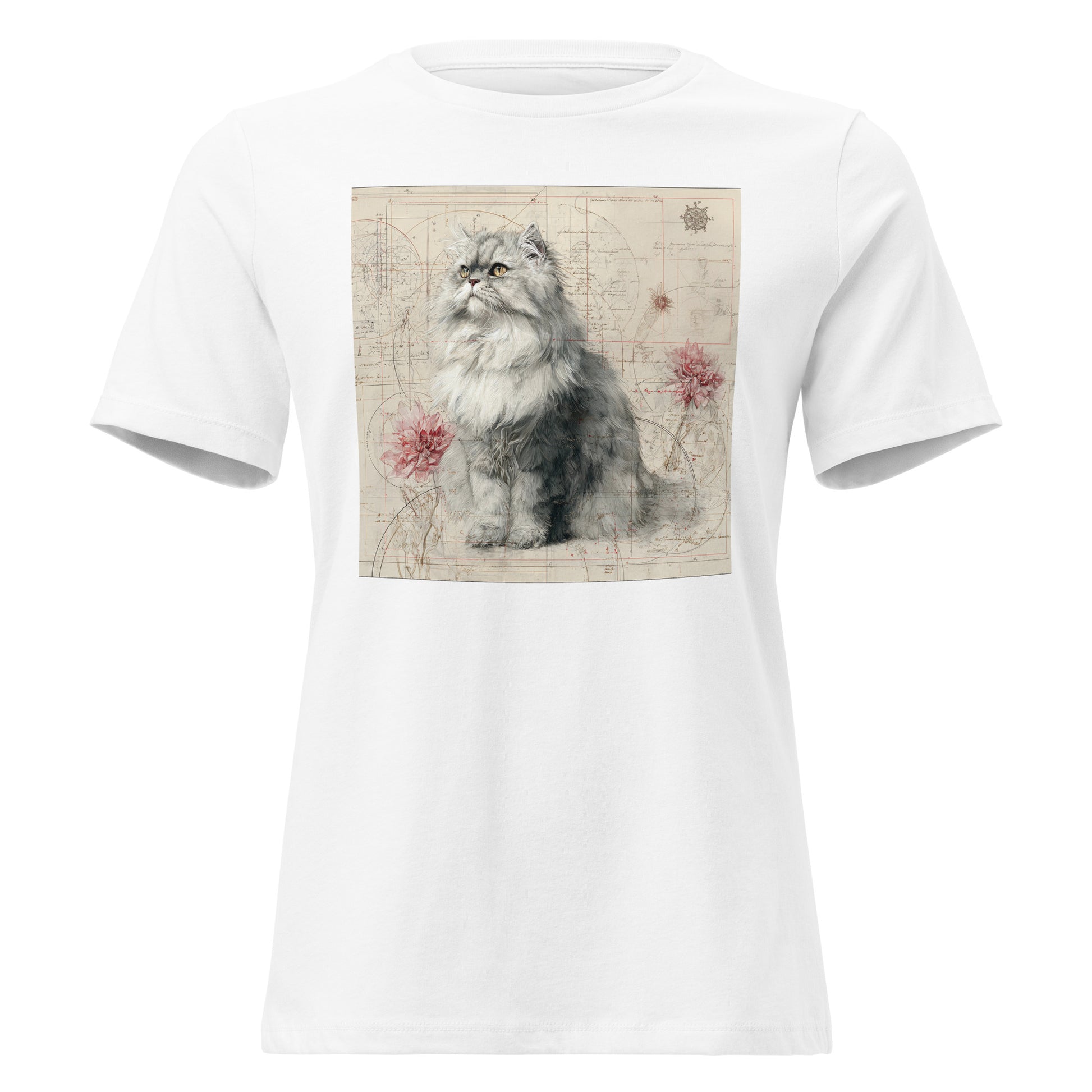 Pet Treasures Studio Persian cat t-shirt white tee with detailed grey Persian cat illustration on vintage map background