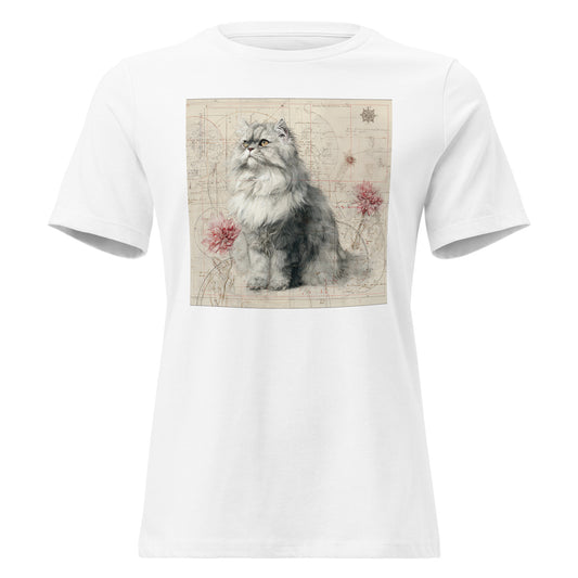 Pet Treasures Studio Persian cat t-shirt white tee with detailed grey Persian cat illustration on vintage map background
