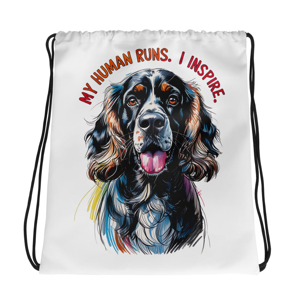 Pet Treasures Studio reusable saco with colorful cocker spaniel sports bag design and My Human Runs I Inspire text