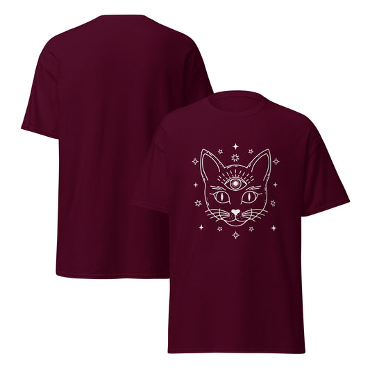 Maroon third eye cat shirt with mystical cat face and stars design by Pet Treasures Studio