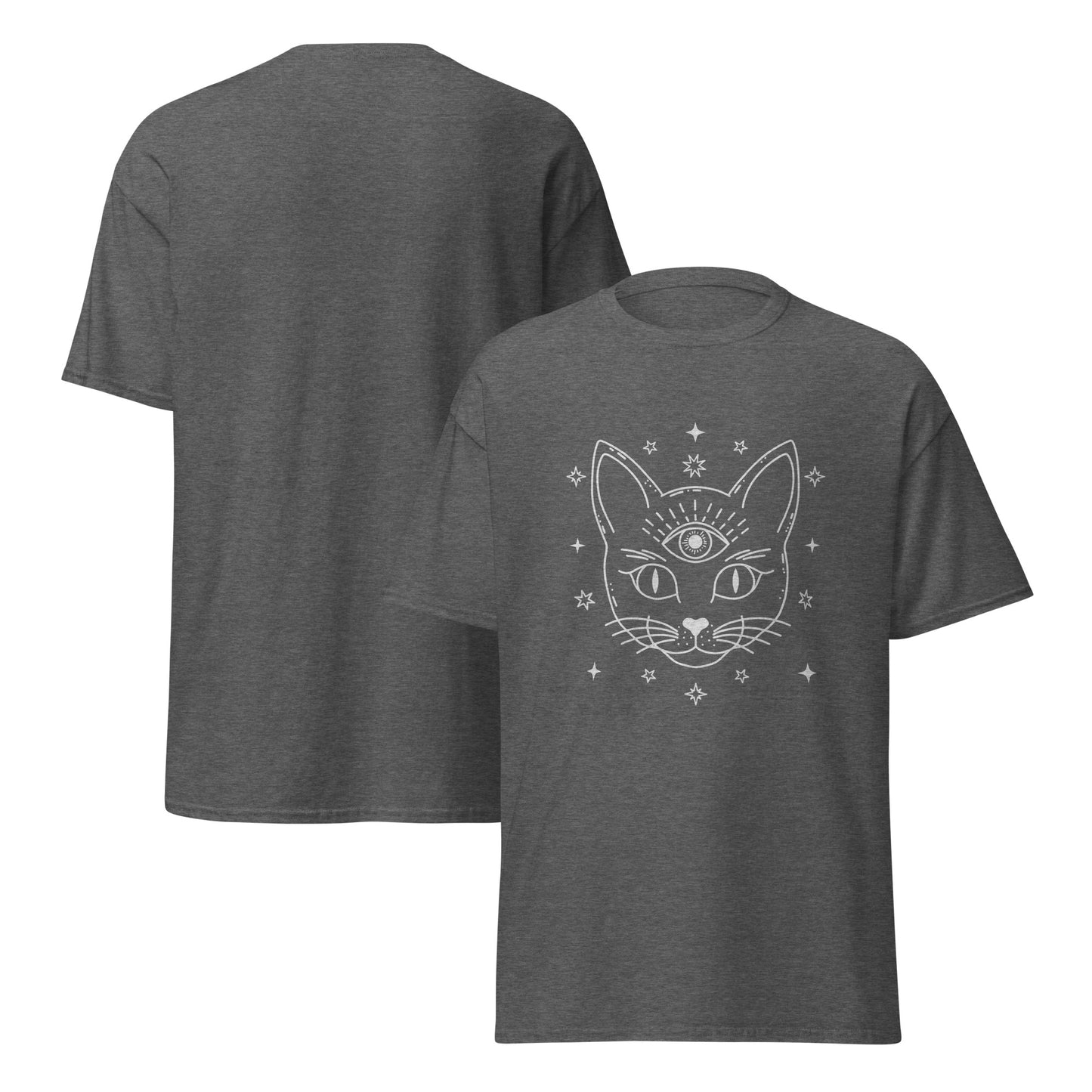 Dark gray third eye cat shirt with mystical cat face and stars graphic on front by Pet Treasures Studio