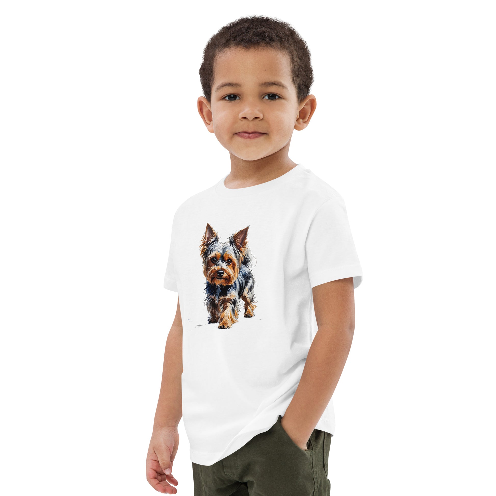 White back to school Yorkie shirt worn by young boy featuring a detailed Yorkie dog graphic