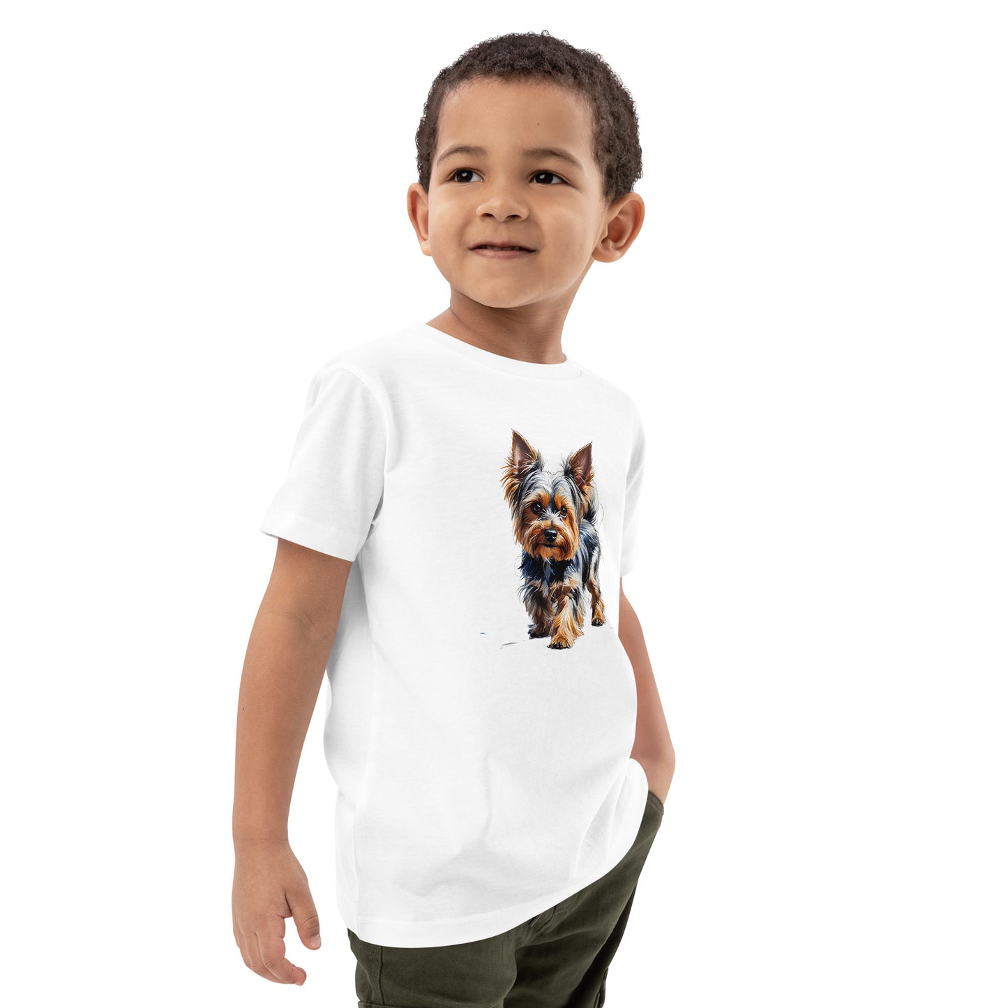Boy wearing a white back to school Yorkie shirt with a realistic Yorkie dog print