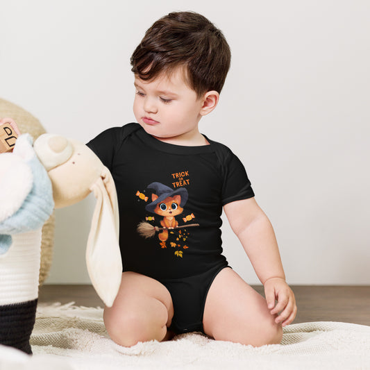 Child wearing a Trick or Treat Baby Bodysuit Animal Design featuring a cute witch character
