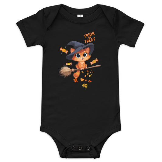 Trick or Treat Baby Bodysuit Animal Design featuring a cute cat in a witch hat holding a broom