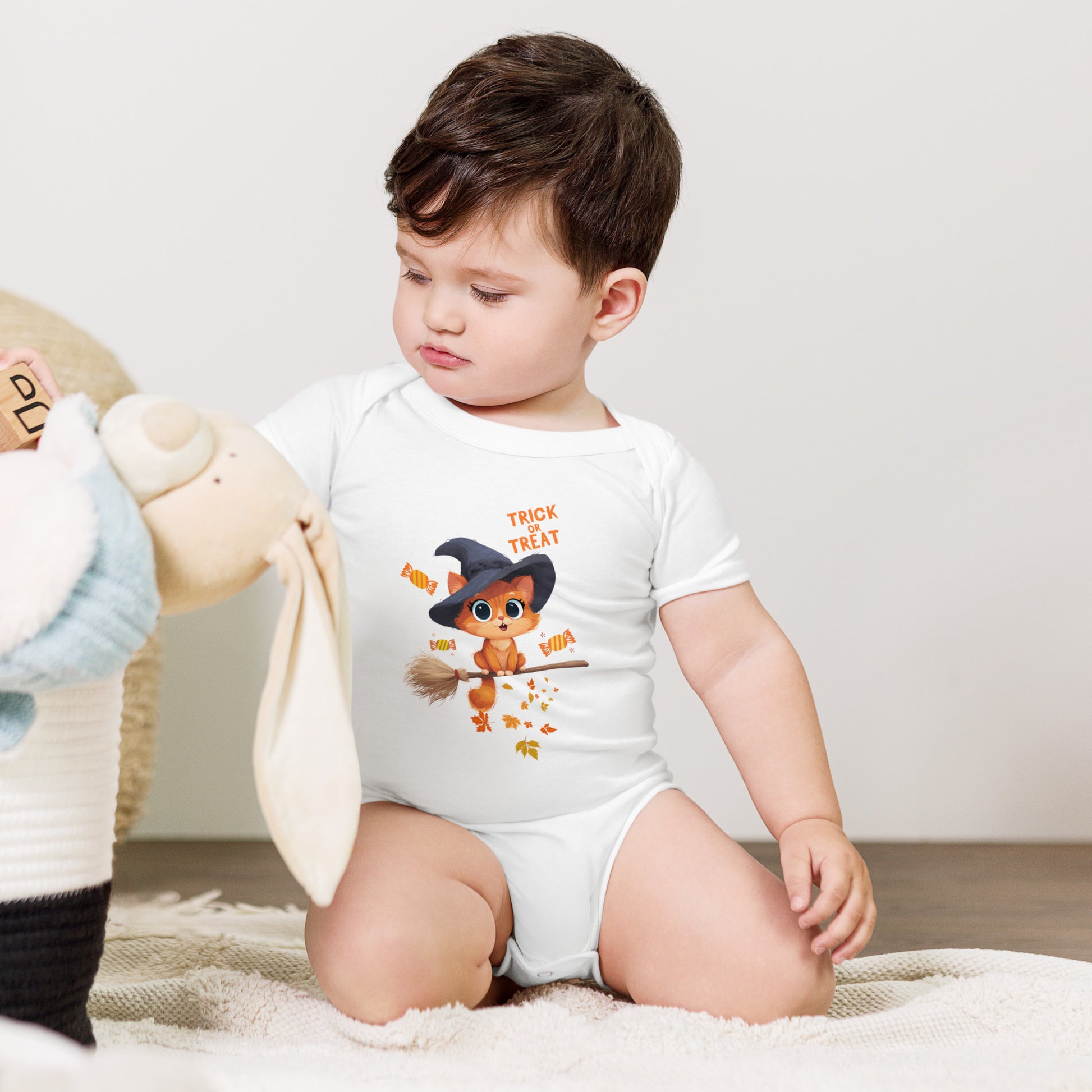 Cute Trick or Treat Baby Bodysuit Animal Design featuring a smiling owl and autumn leaves