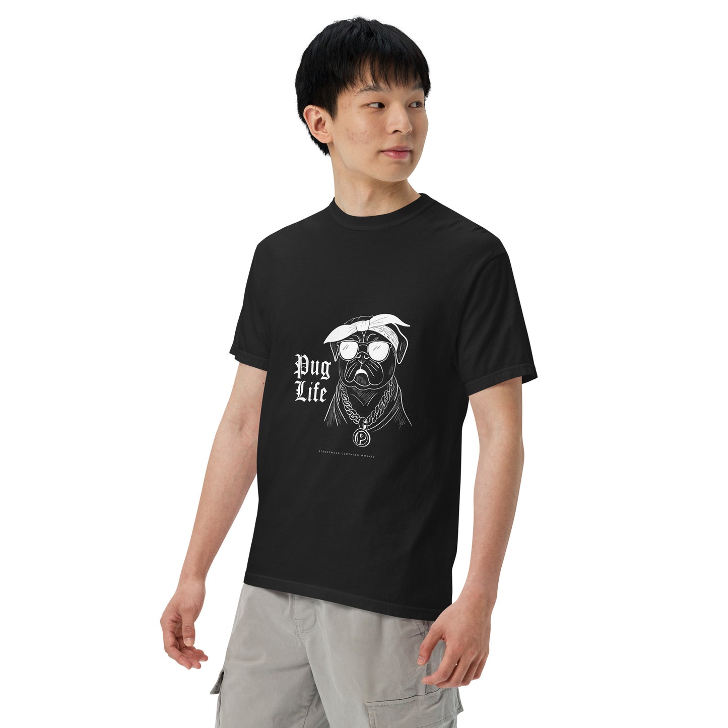 Pet Treasures Studio unisex black pug shirt with pug life graphic and sunglasses on male model