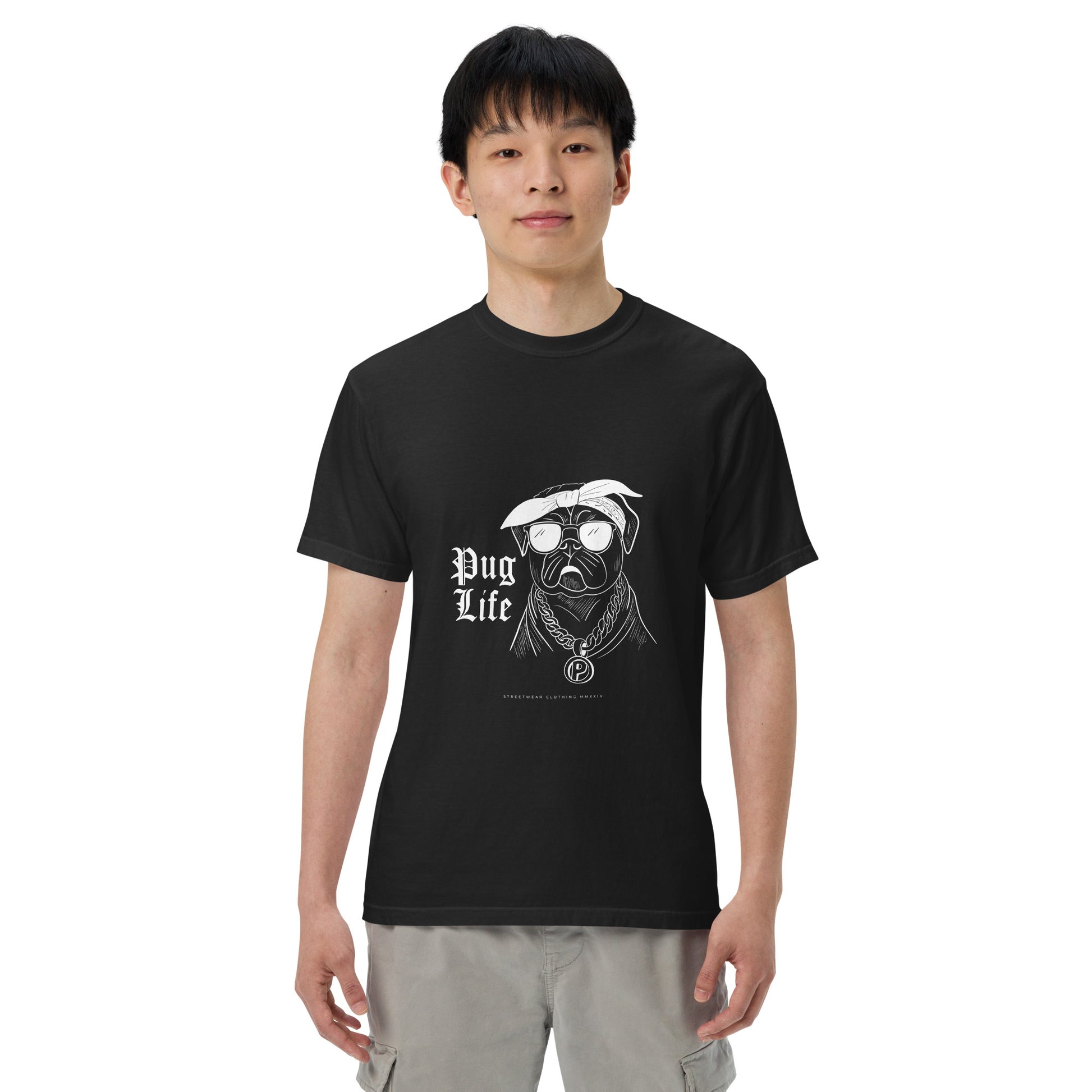 Unisex black pug shirt with a graphic pug wearing sunglasses and bandana by Pet Treasures Studio