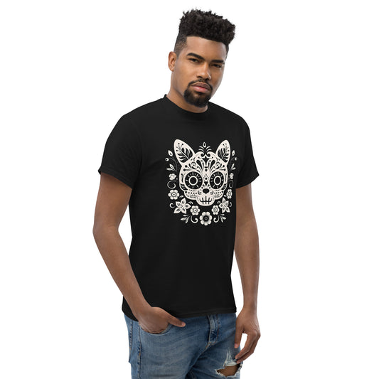 Classic Fit Dia de los Muertos Cat B&W Halloween Tee | Pet Treasures Studio