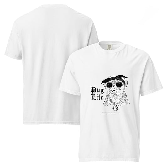 White pug graphic t-shirt unisex with cool pug wearing sunglasses and chain from Pet Treasures Studio