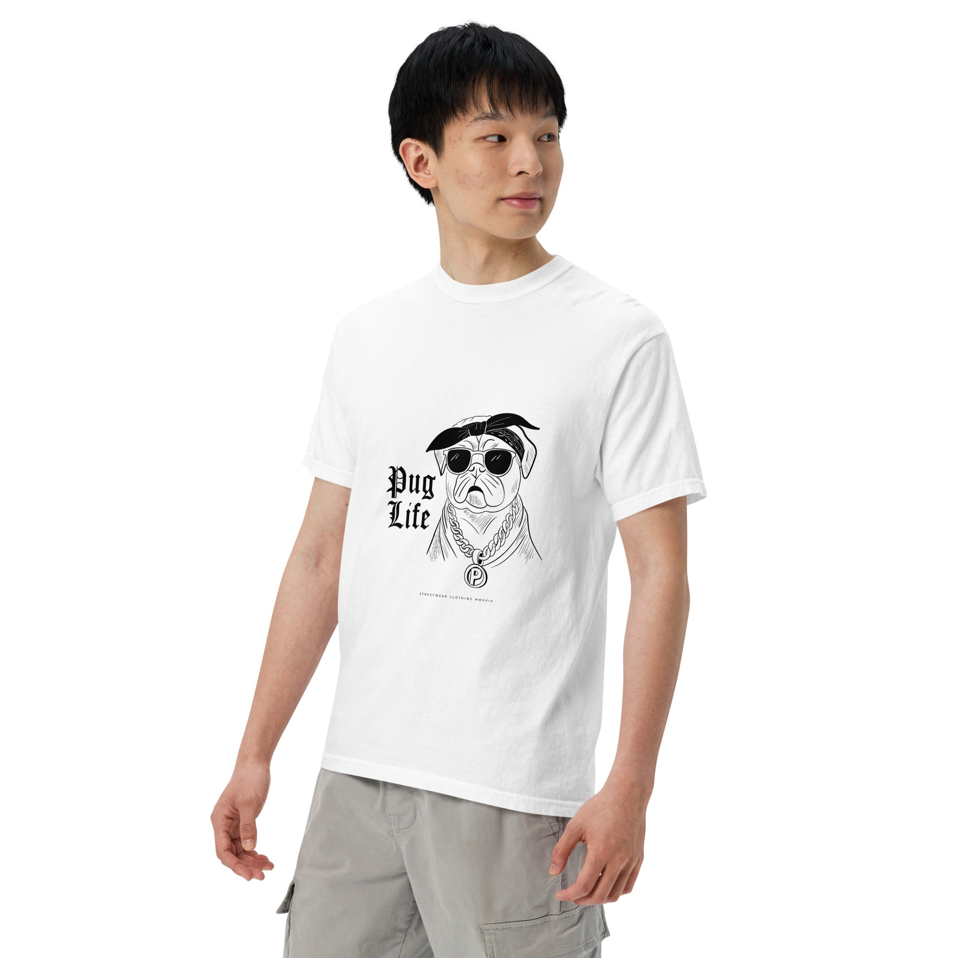 Pet Treasures Studio white pug graphic t-shirt unisex with cool pug wearing sunglasses and necklace