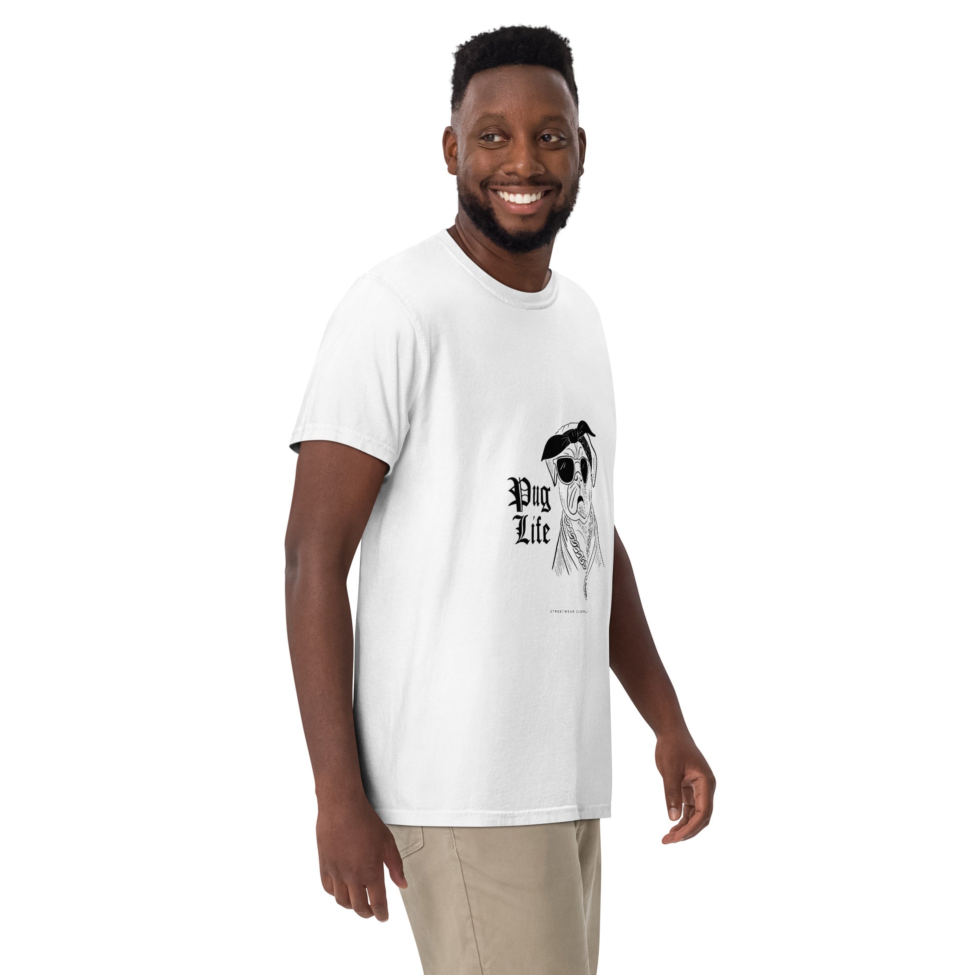 Man wearing Pet Treasures Studio white pug graphic t-shirt unisex with pug design and pug life text