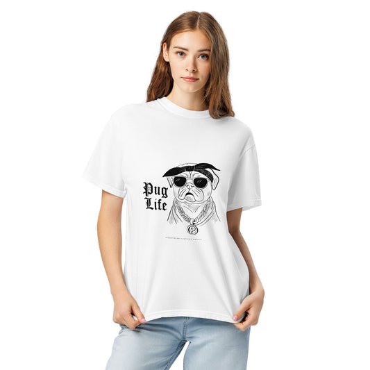 White pug graphic t-shirt unisex from Pet Treasures Studio featuring a cool pug with sunglasses and chain