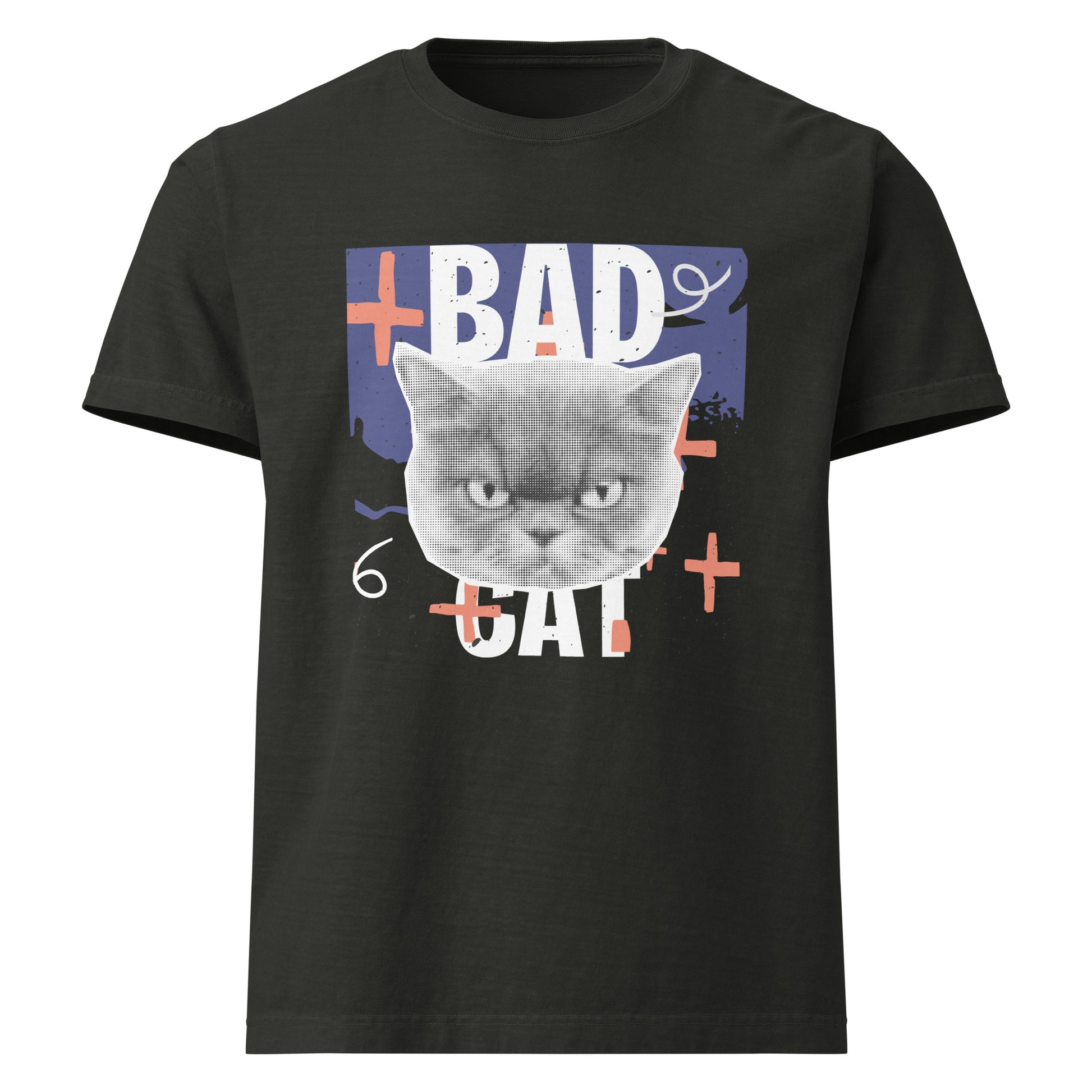 Pet Treasures Studio bad cat t-shirt black crew neck with large grumpy cat face and bold BAD CAT graphic with colourful accents