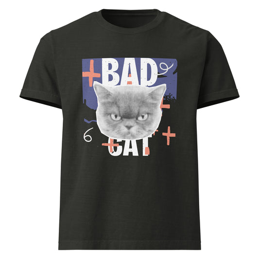 Pet Treasures Studio bad cat t-shirt black crew neck with large grumpy cat face and bold BAD CAT graphic with colourful accents