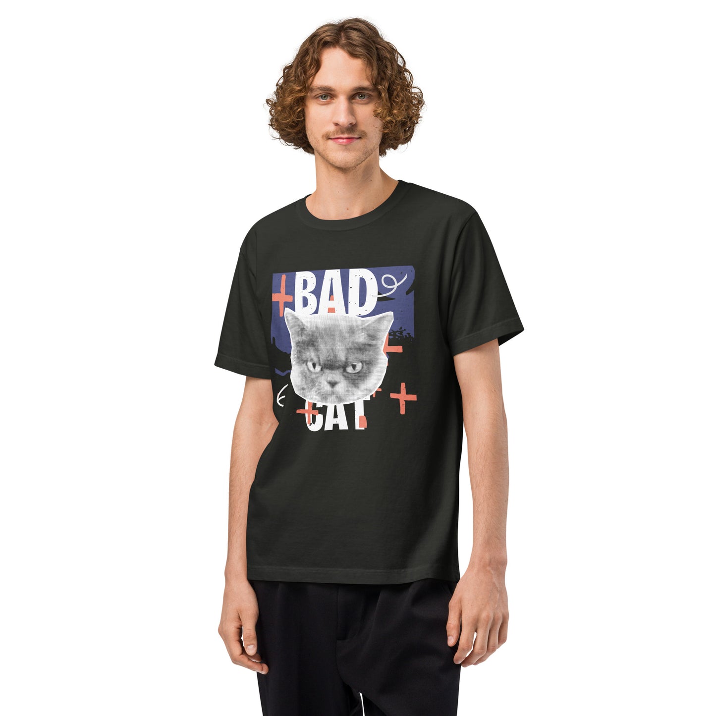 Pet Treasures Studio black bad cat t-shirt on male model with grumpy cat graphic and city backdrop