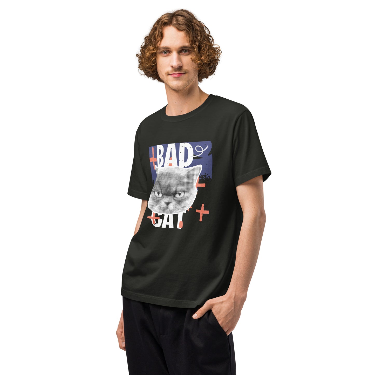 Pet Treasures Studio black bad cat t-shirt worn by male model with grey cat face graphic