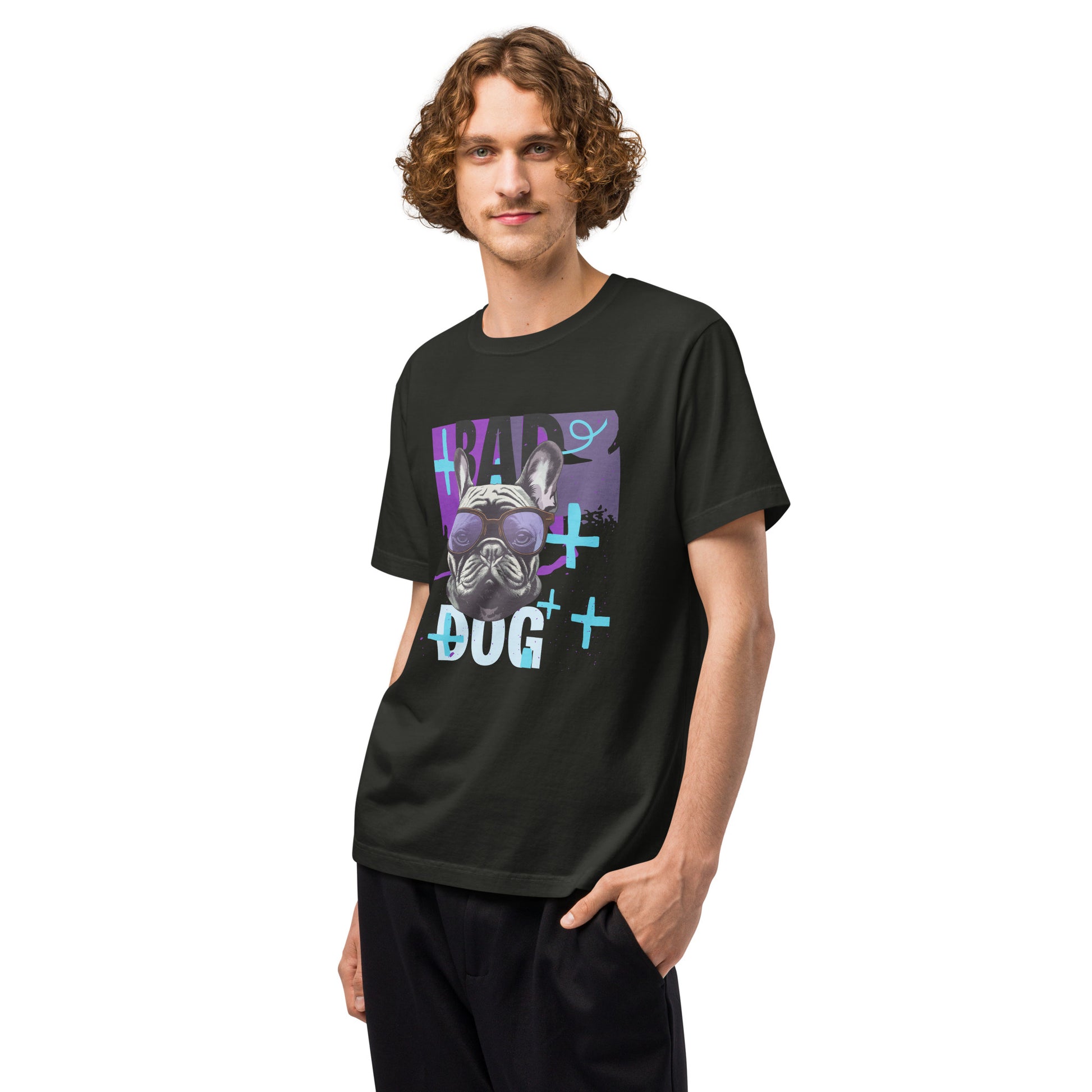 Male model wearing Pet Treasures Studio black bad dog t-shirt featuring colourful bulldog face graphic