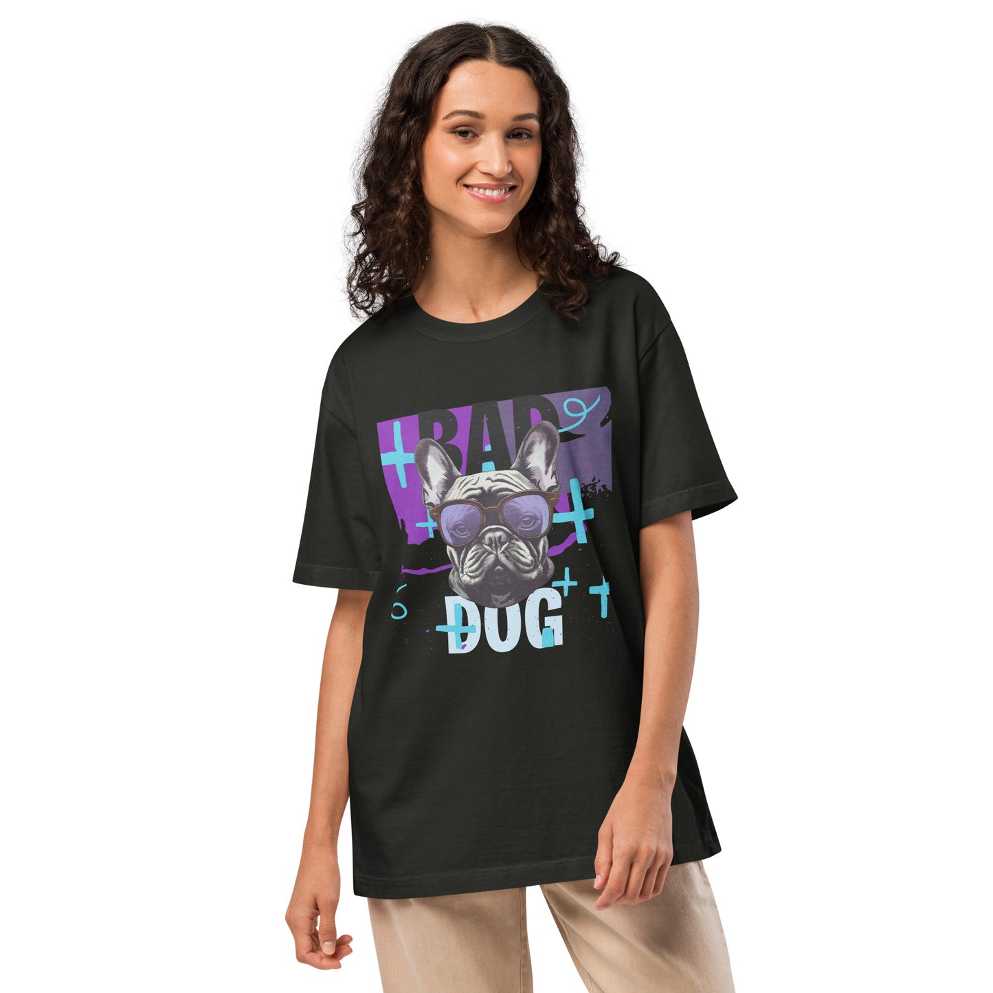 Woman wearing Pet Treasures Studio black bad dog t-shirt featuring French bulldog with sunglasses purple and blue graphic
