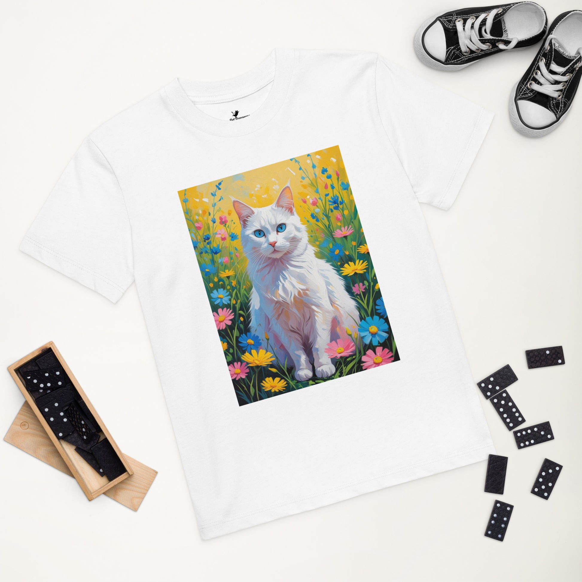 Pet Treasures Studio back to school cat t-shirt with white cat and colorful flowers design