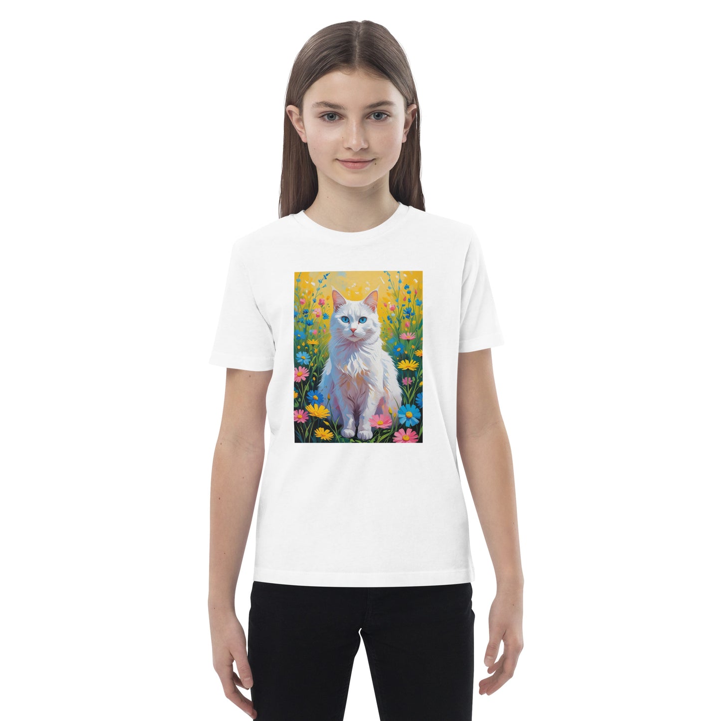 Back to school cat t-shirt featuring a colorful cat illustration on a white tee by Pet Treasures Studio