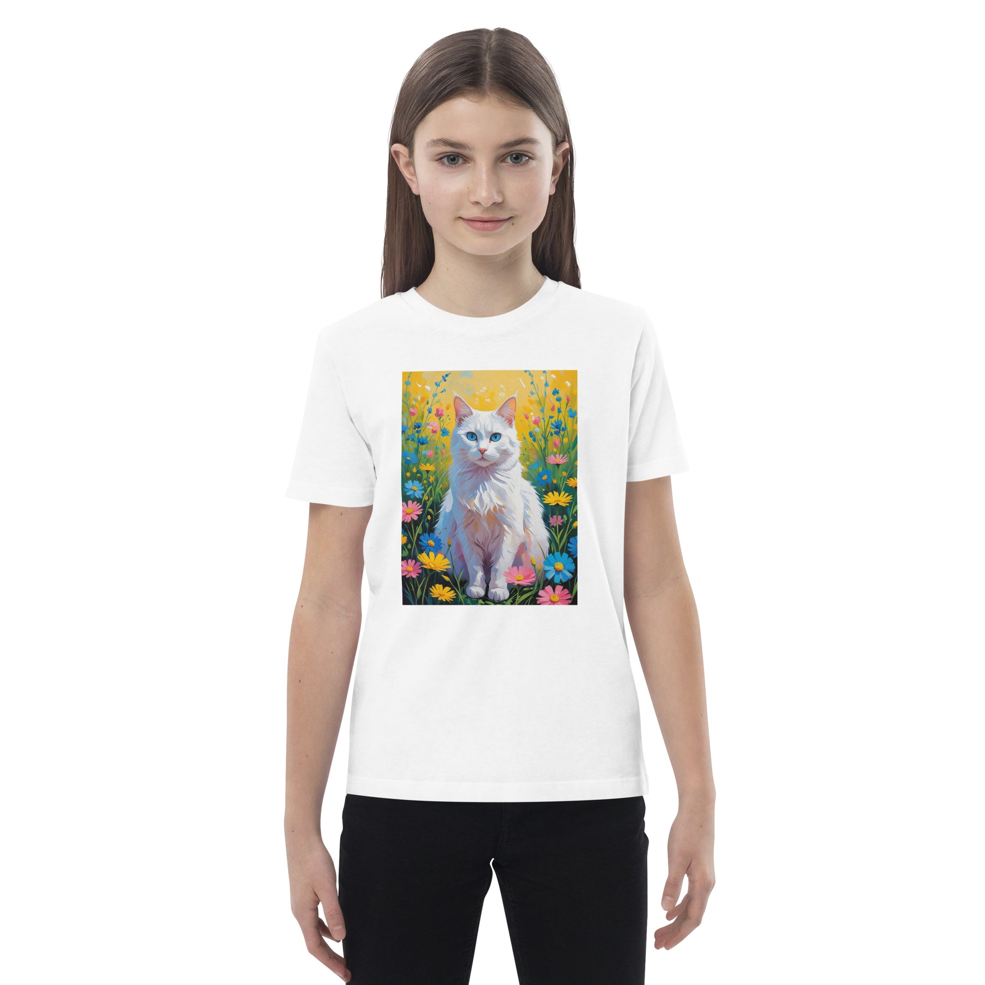 Back to school cat t-shirt featuring a colorful cat illustration on a white tee by Pet Treasures Studio