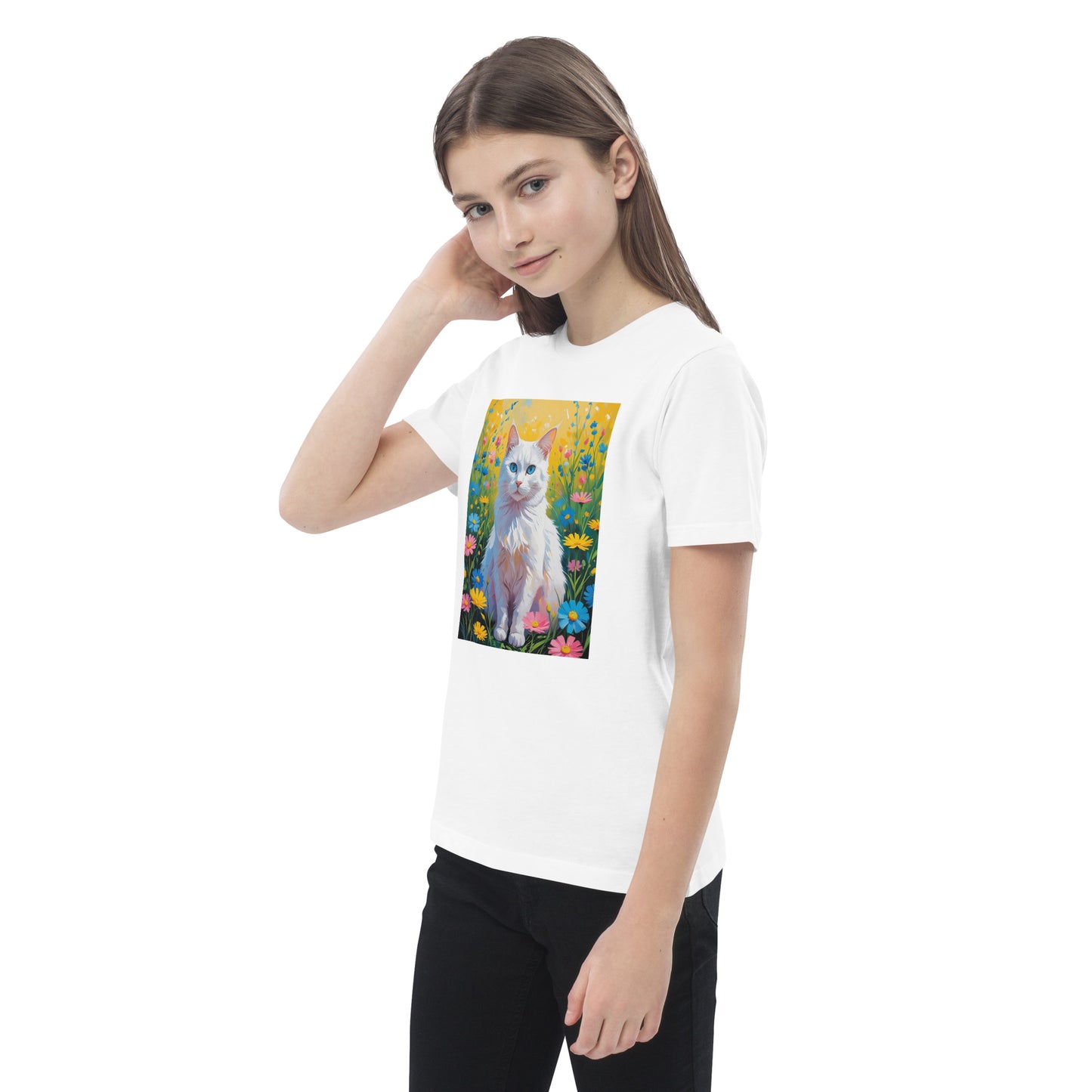 Pet Treasures Studio back to school cat t-shirt with colorful cat and flower design on white tee
