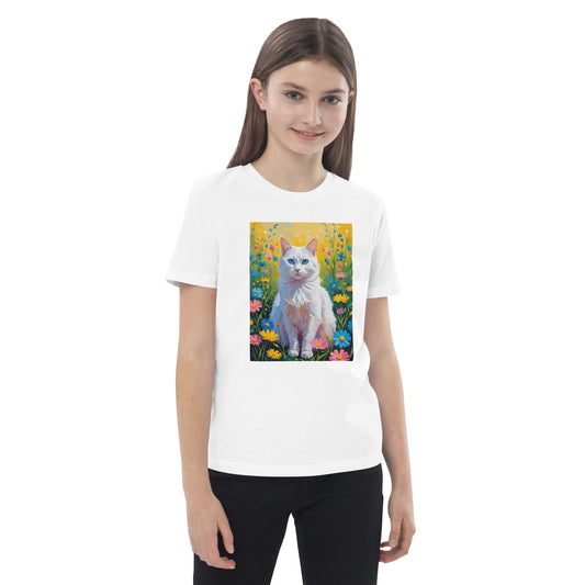 Back to school cat t-shirt featuring a colorful white cat design on a white shirt
