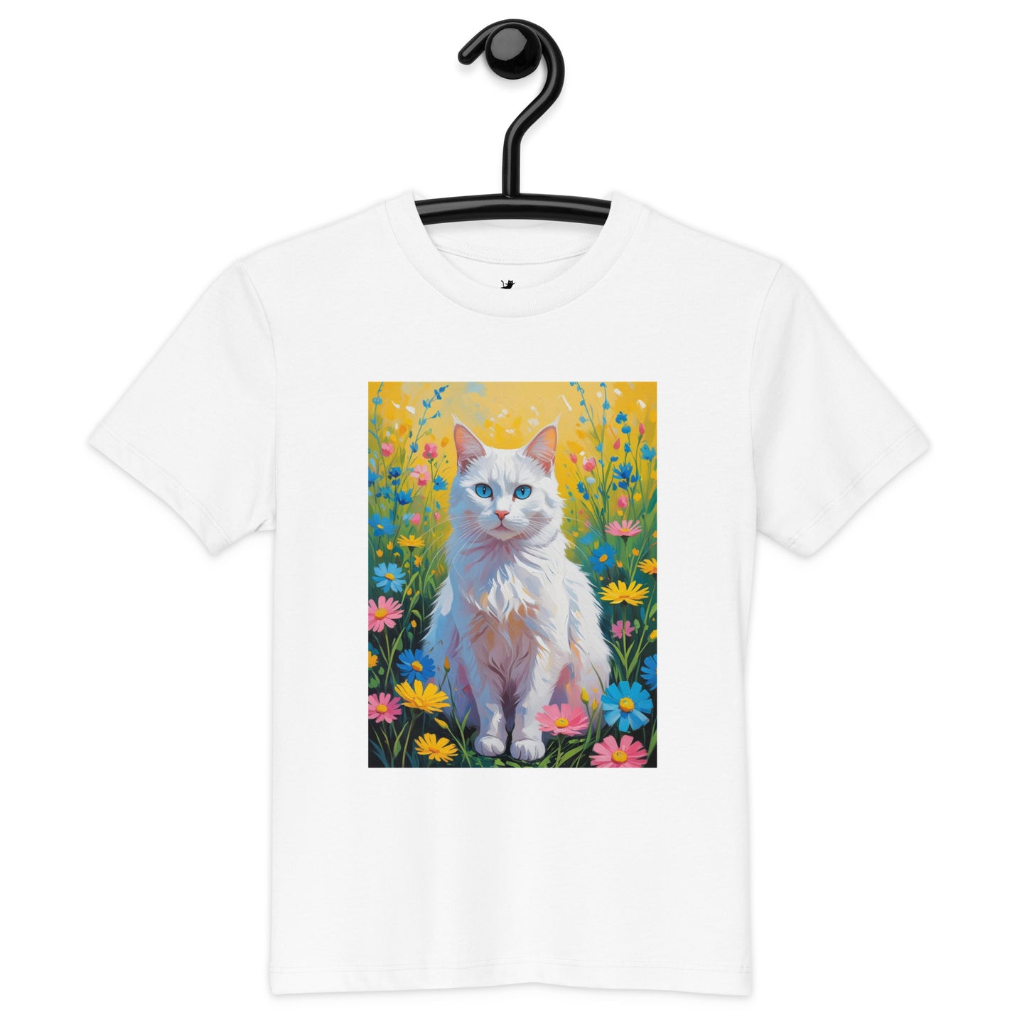 White back to school cat t-shirt from Pet Treasures Studio featuring a blue-eyed white cat with colorful flowers