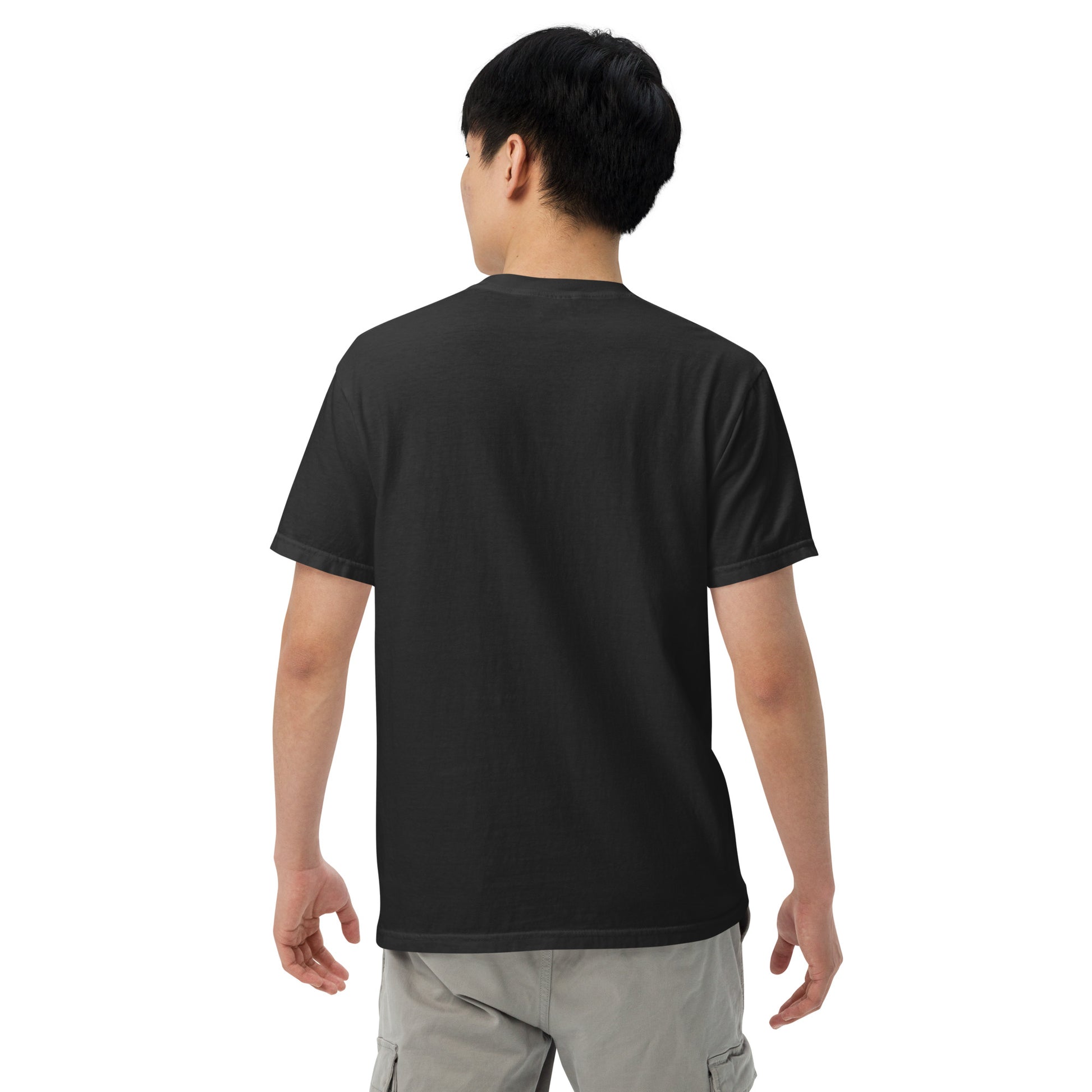 Back view of black chihuahua graphic t-shirt worn by male model with short black hair