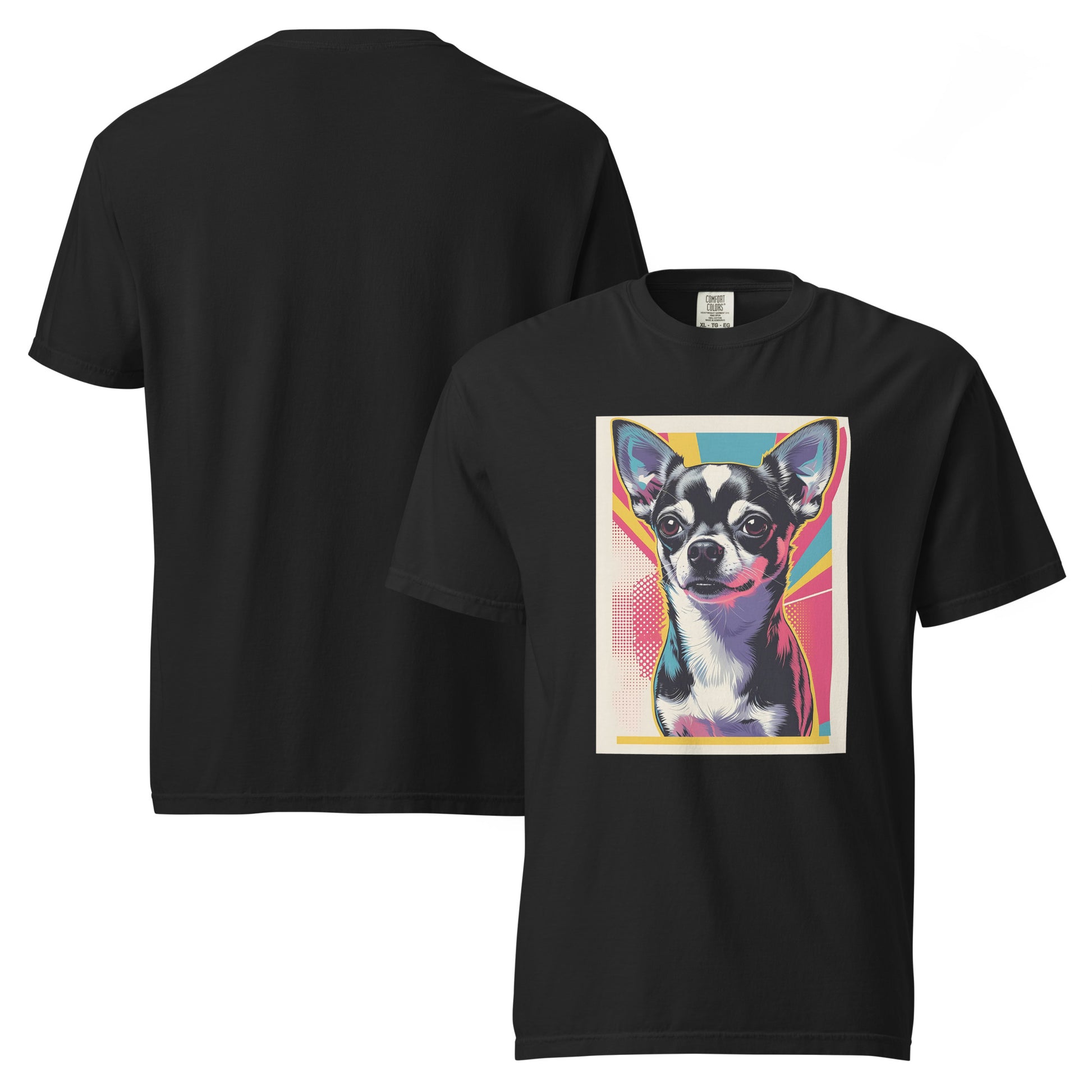 Black chihuahua graphic t-shirt with colorful pop art dog design by Pet Treasures Studio