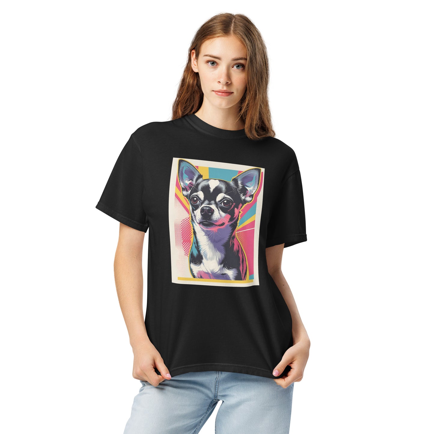 Pet Treasures Studio black chihuahua graphic t-shirt featuring colorful pop art dog design