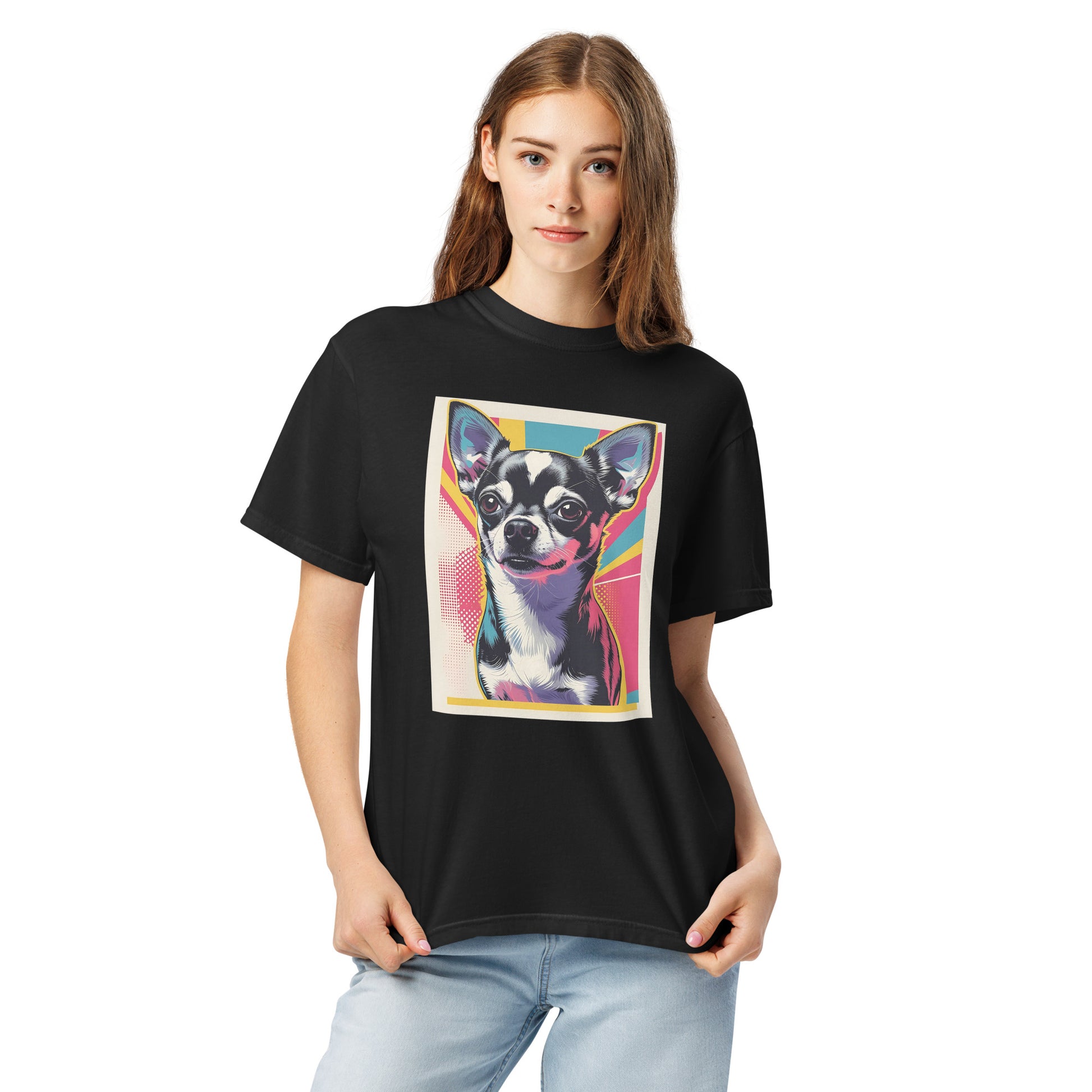 Pet Treasures Studio black chihuahua graphic t-shirt featuring colorful pop art dog design