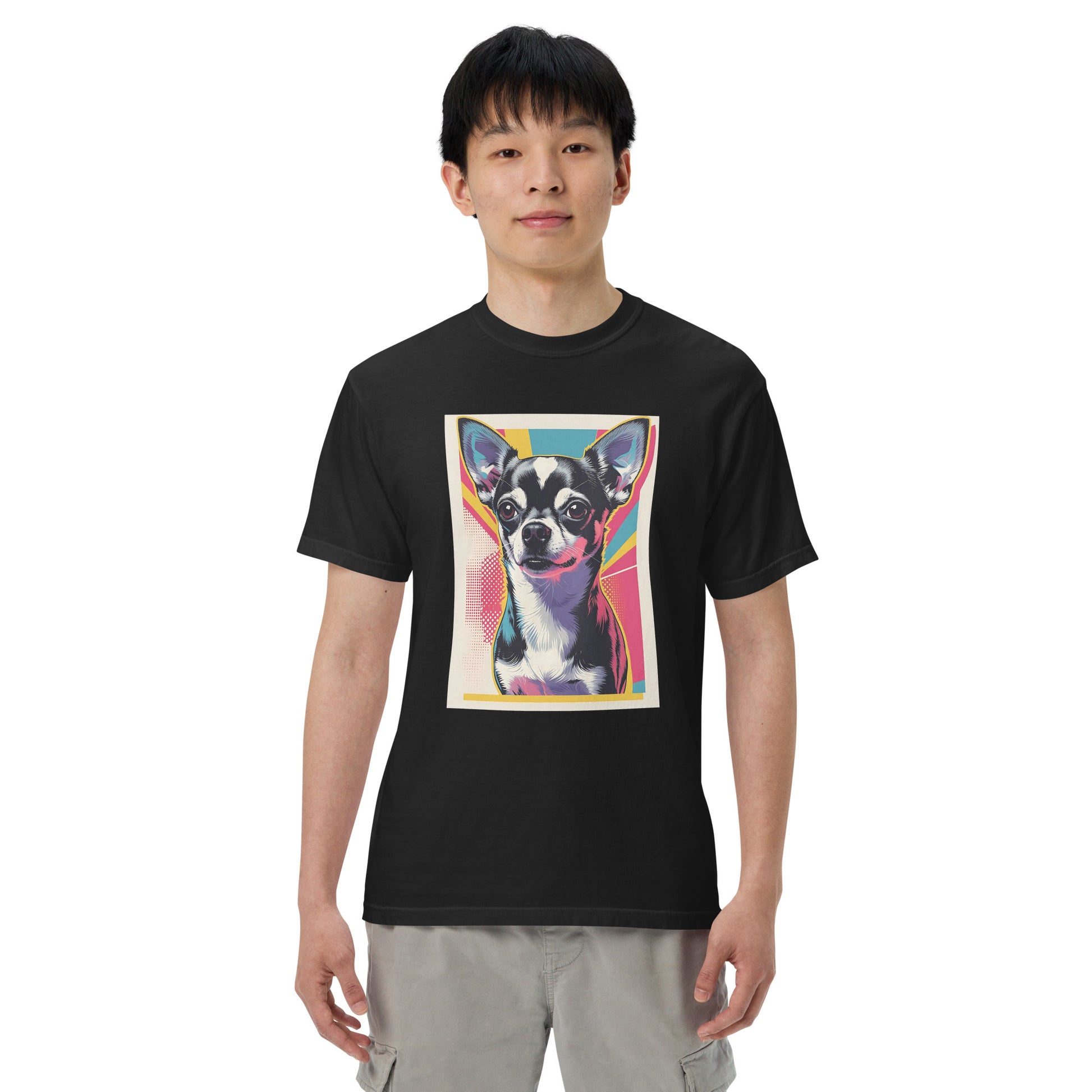 Black chihuahua graphic t-shirt from Pet Treasures Studio featuring colorful dog illustration