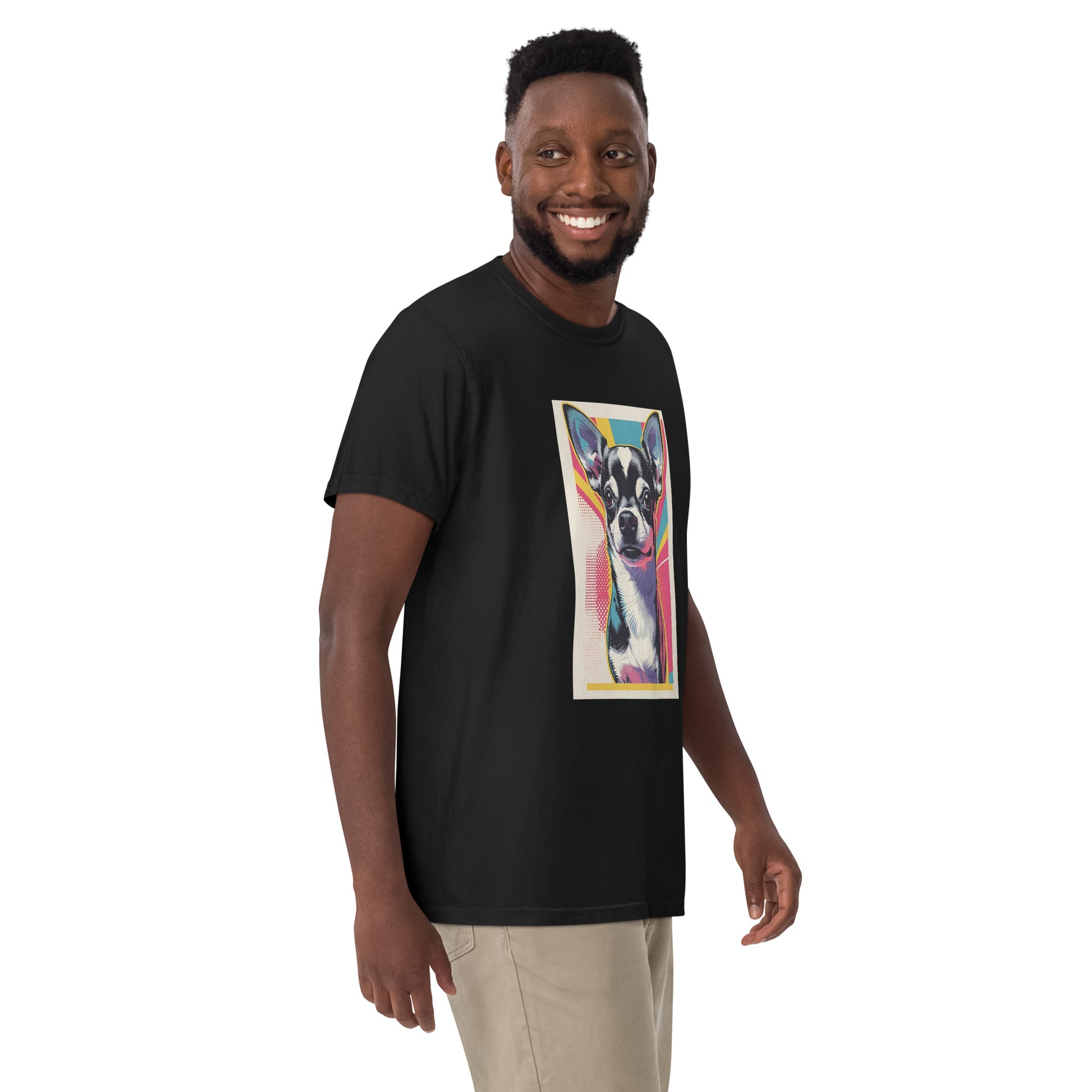Man wearing black chihuahua graphic t-shirt with colorful dog art by Pet Treasures Studio