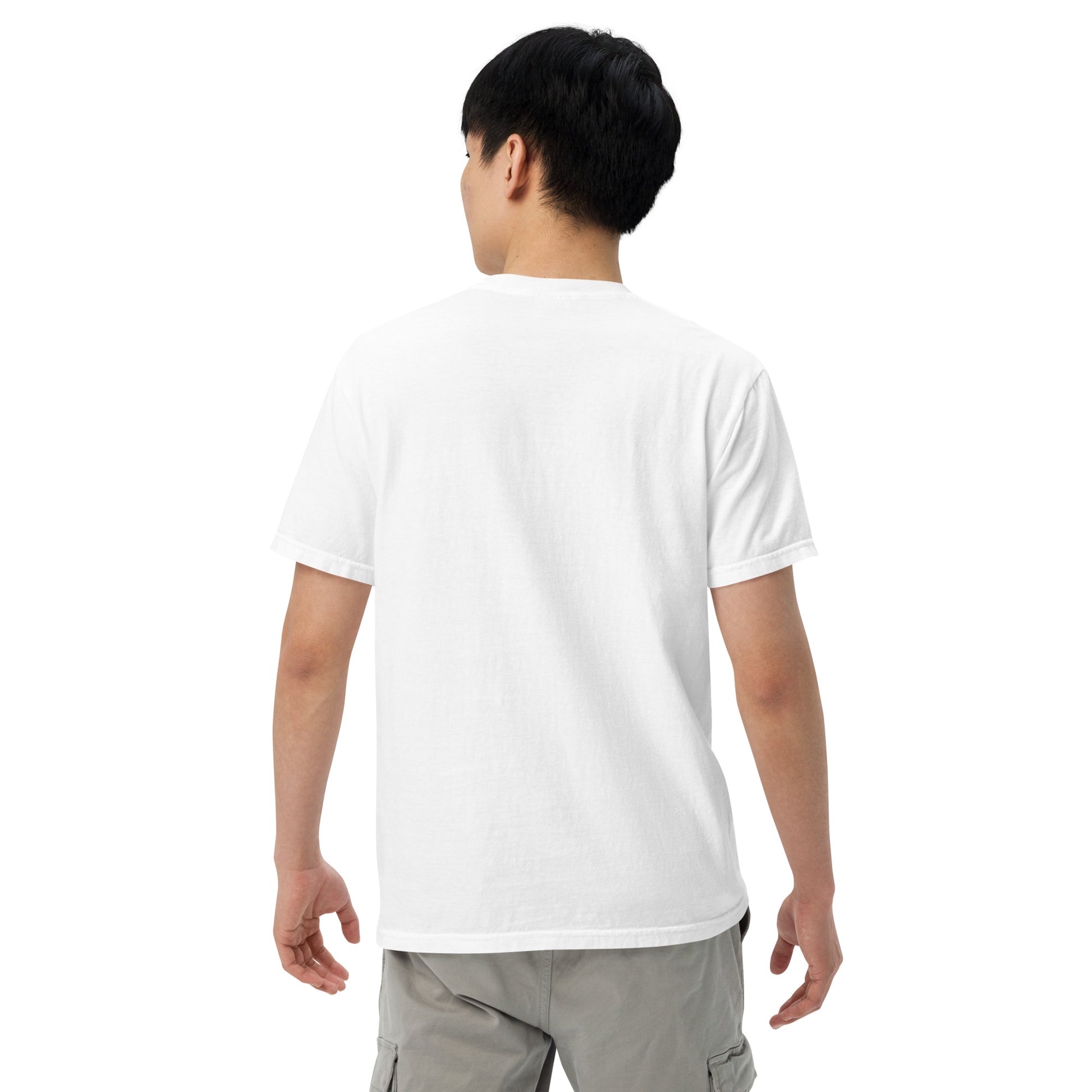 Back view of a man wearing a white chihuahua graphic t-shirt from Pet Treasures Studio