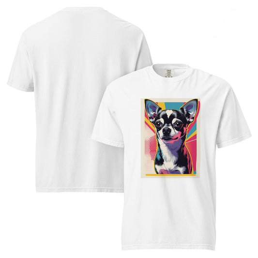 White chihuahua graphic t-shirt from Pet Treasures Studio featuring colorful pop art dog design