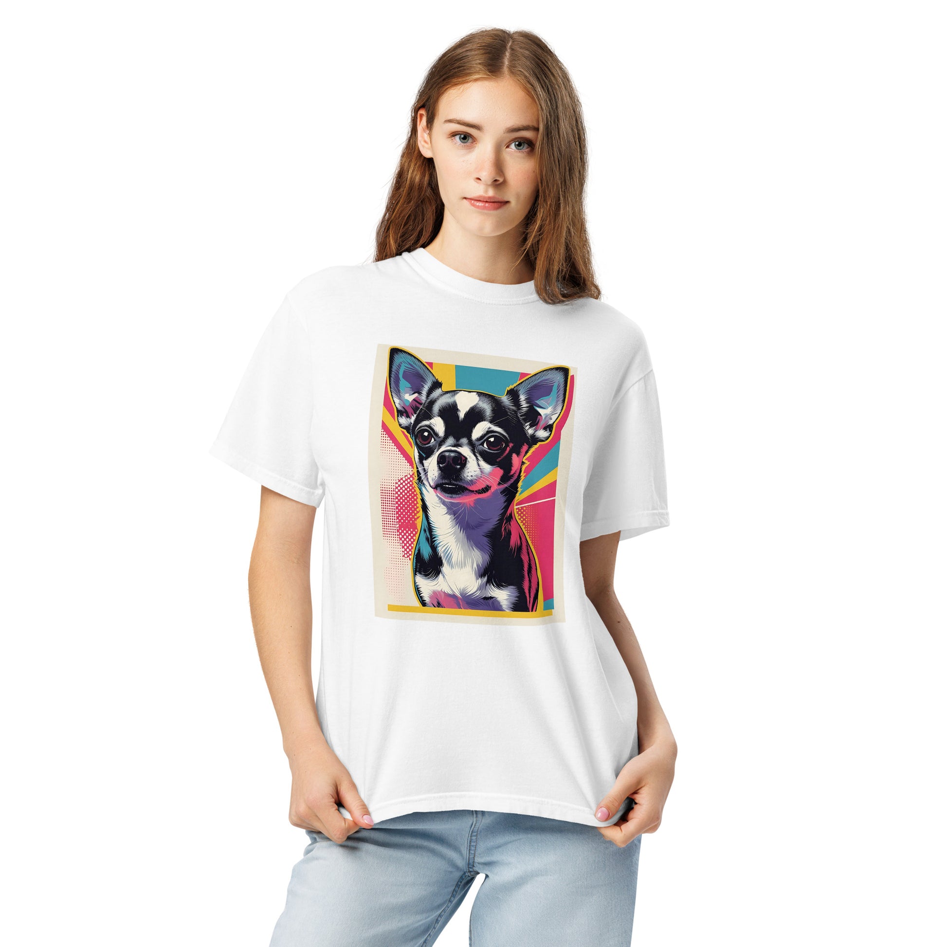 Woman wearing white Chihuahua graphic t-shirt with colorful pop art design from Pet Treasures Studio