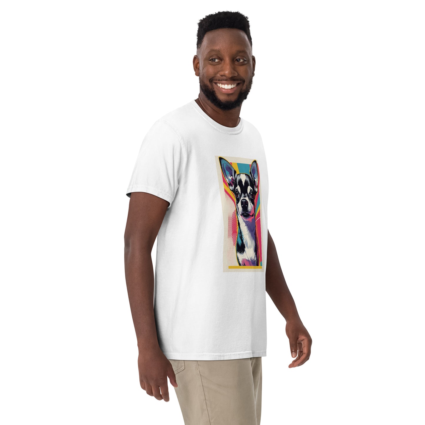 Man wearing white chihuahua graphic t-shirt with colorful dog design by Pet Treasures Studio