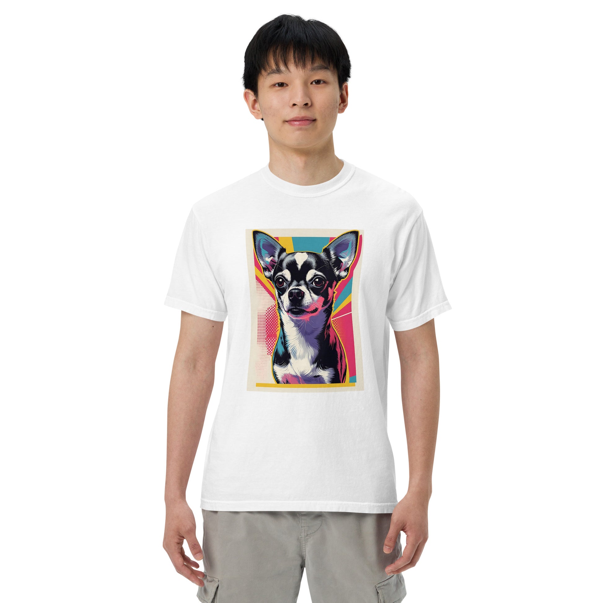 White t-shirt featuring colorful chihuahua graphic t-shirt design by Pet Treasures Studio