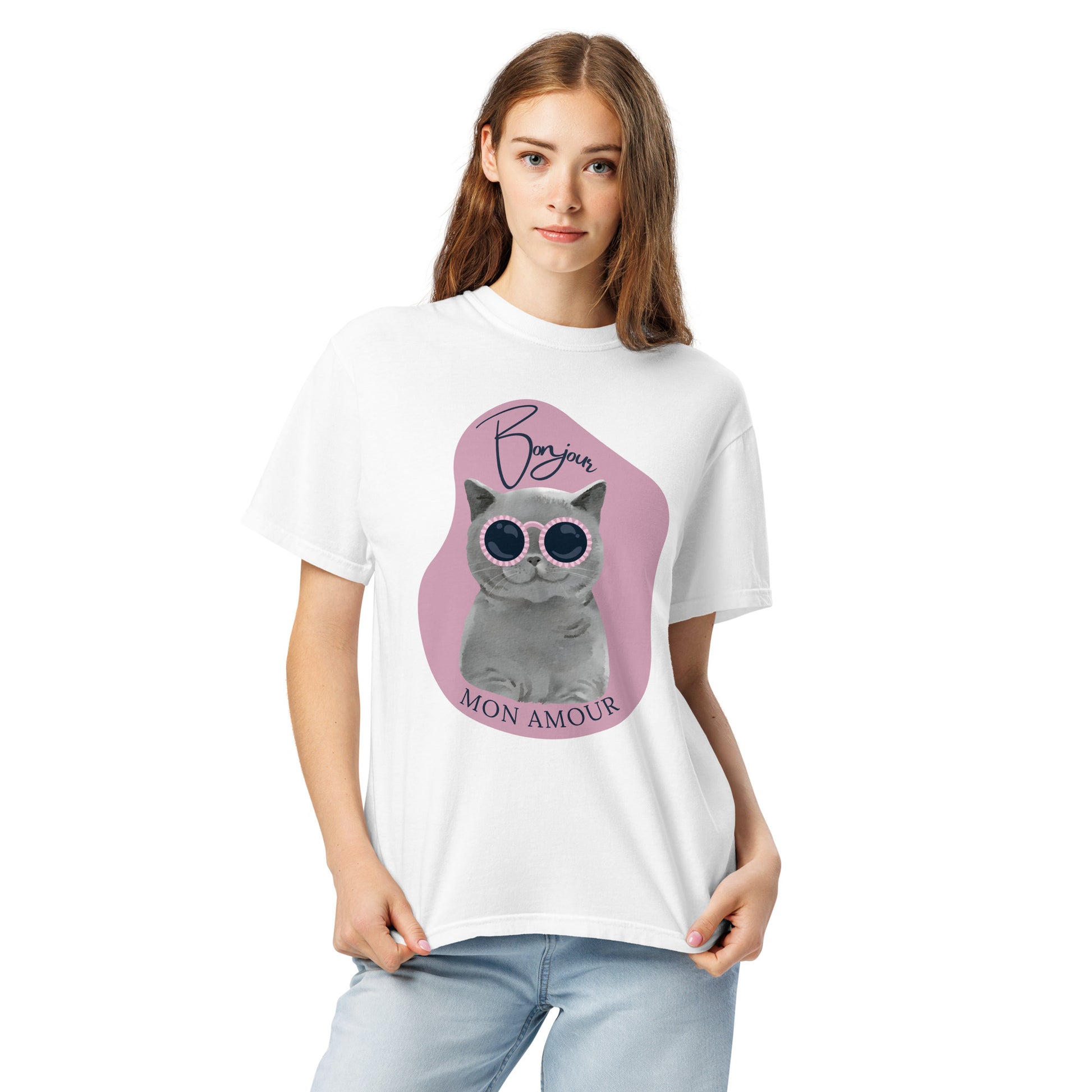 White T-shirt from Pet Treasures Studio featuring a cute cat print apparel with sunglasses and Bonjour Mon Amour text