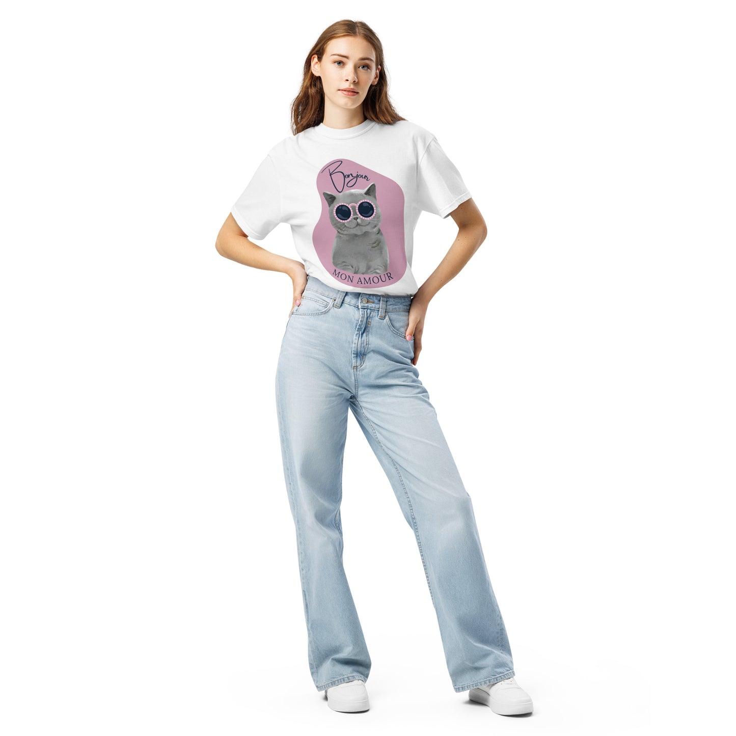 White Pet Treasures Studio T-shirt with cute cat print apparel featuring a cat wearing sunglasses