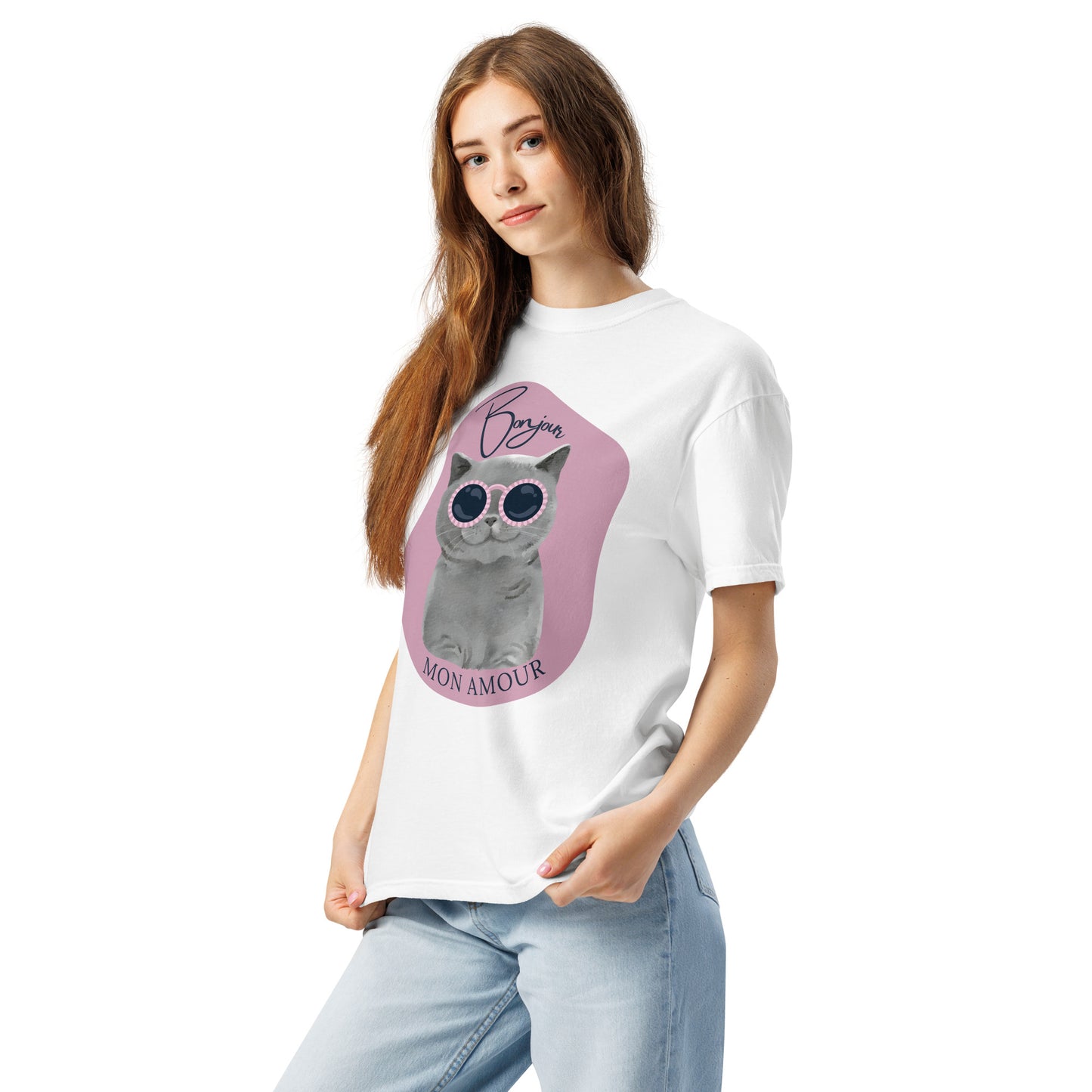 White t-shirt from Pet Treasures Studio featuring cute cat print apparel with sunglasses and Mon Amour text