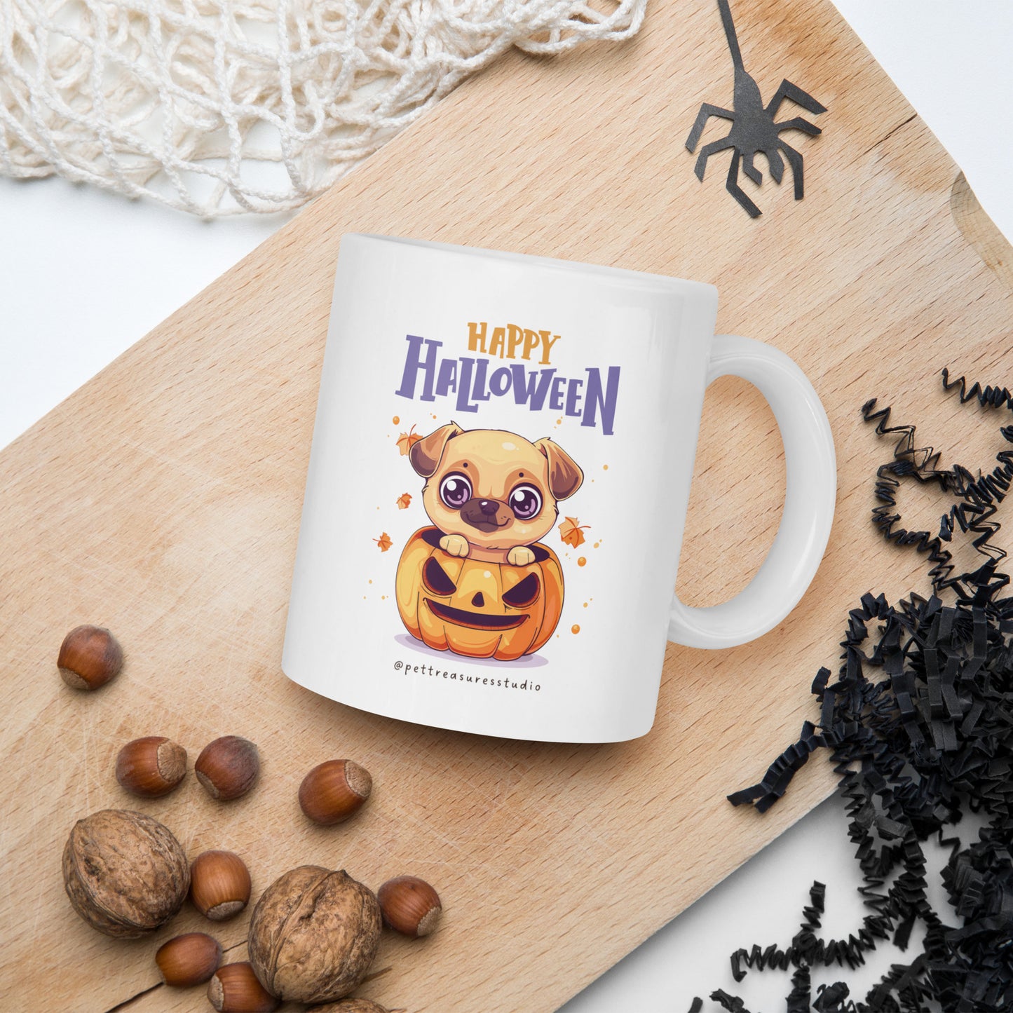 Happy Halloween Pumpkin Pug White Glossy Mug | Pet Treasures Studio