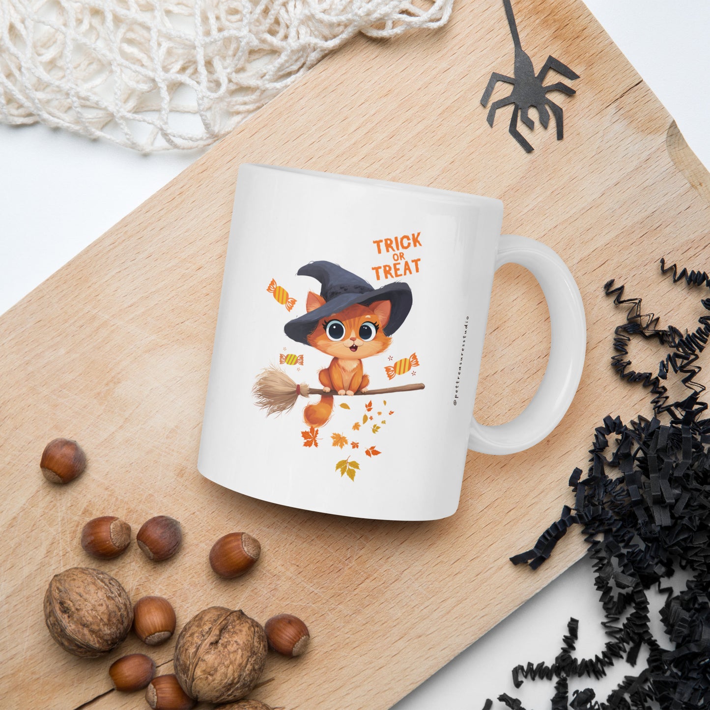 Trick or Treat Cat White Glossy Halloween Mug | Pet Treasures Studio