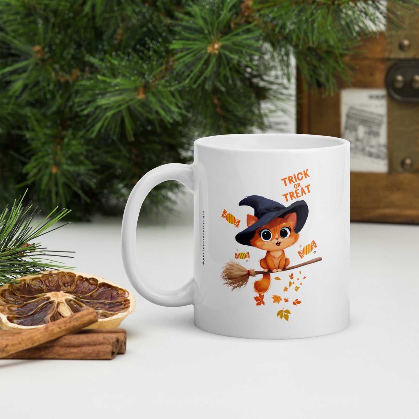 Trick or Treat Cat White Glossy Halloween Mug | Pet Treasures Studio