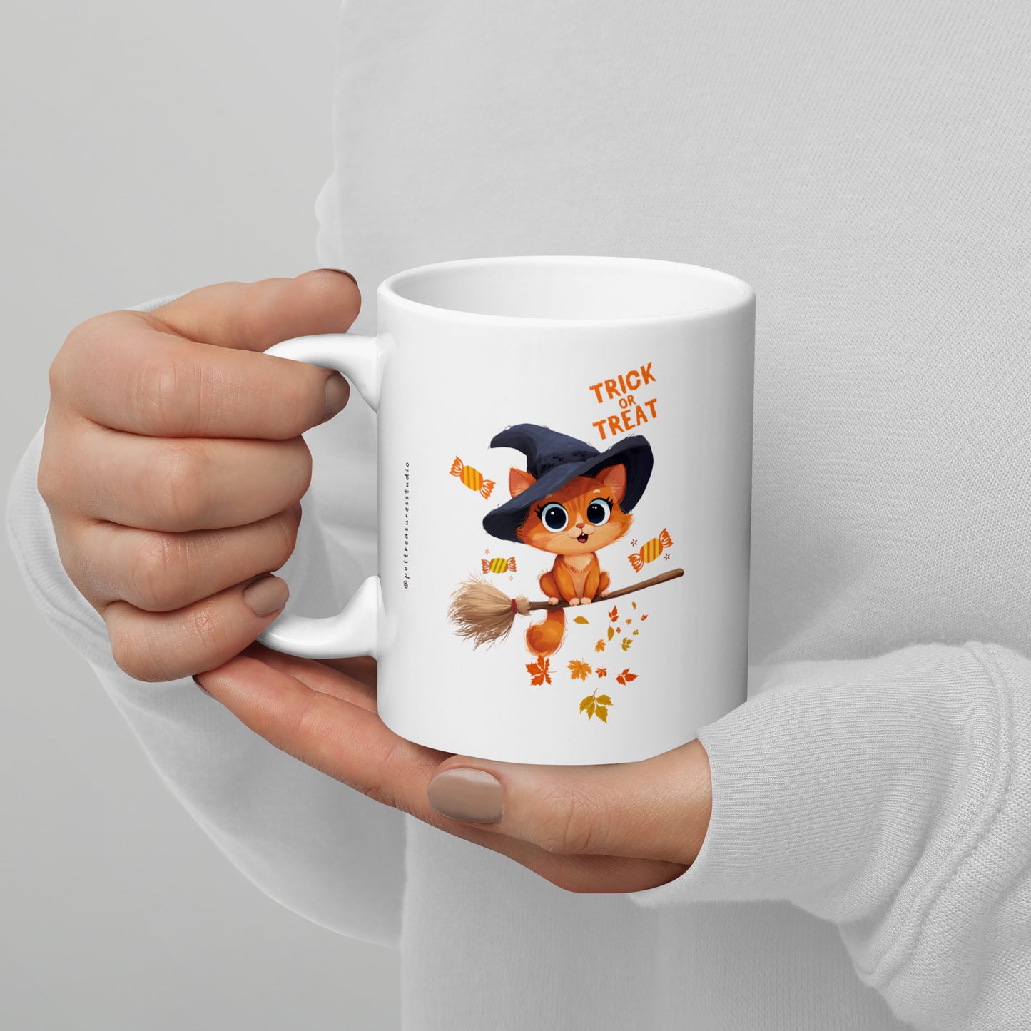 Trick or Treat Cat White Glossy Halloween Mug | Pet Treasures Studio