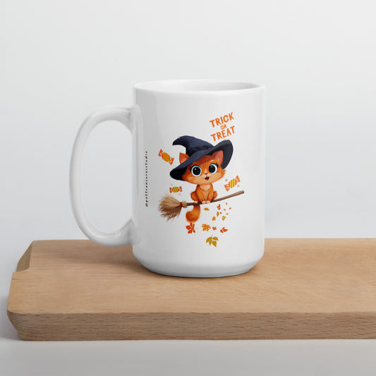 Trick or Treat Cat White Glossy Halloween Mug | Pet Treasures Studio