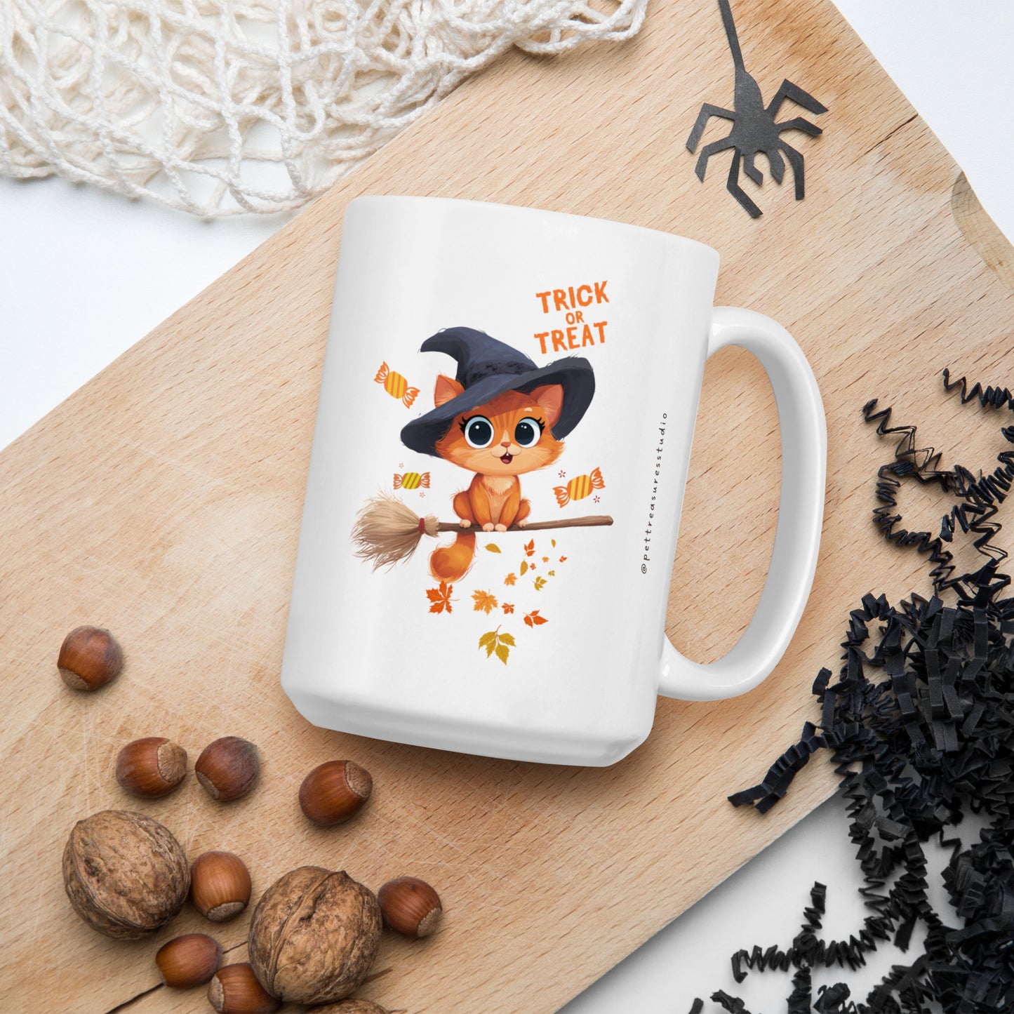 Trick or Treat Cat White Glossy Halloween Mug | Pet Treasures Studio