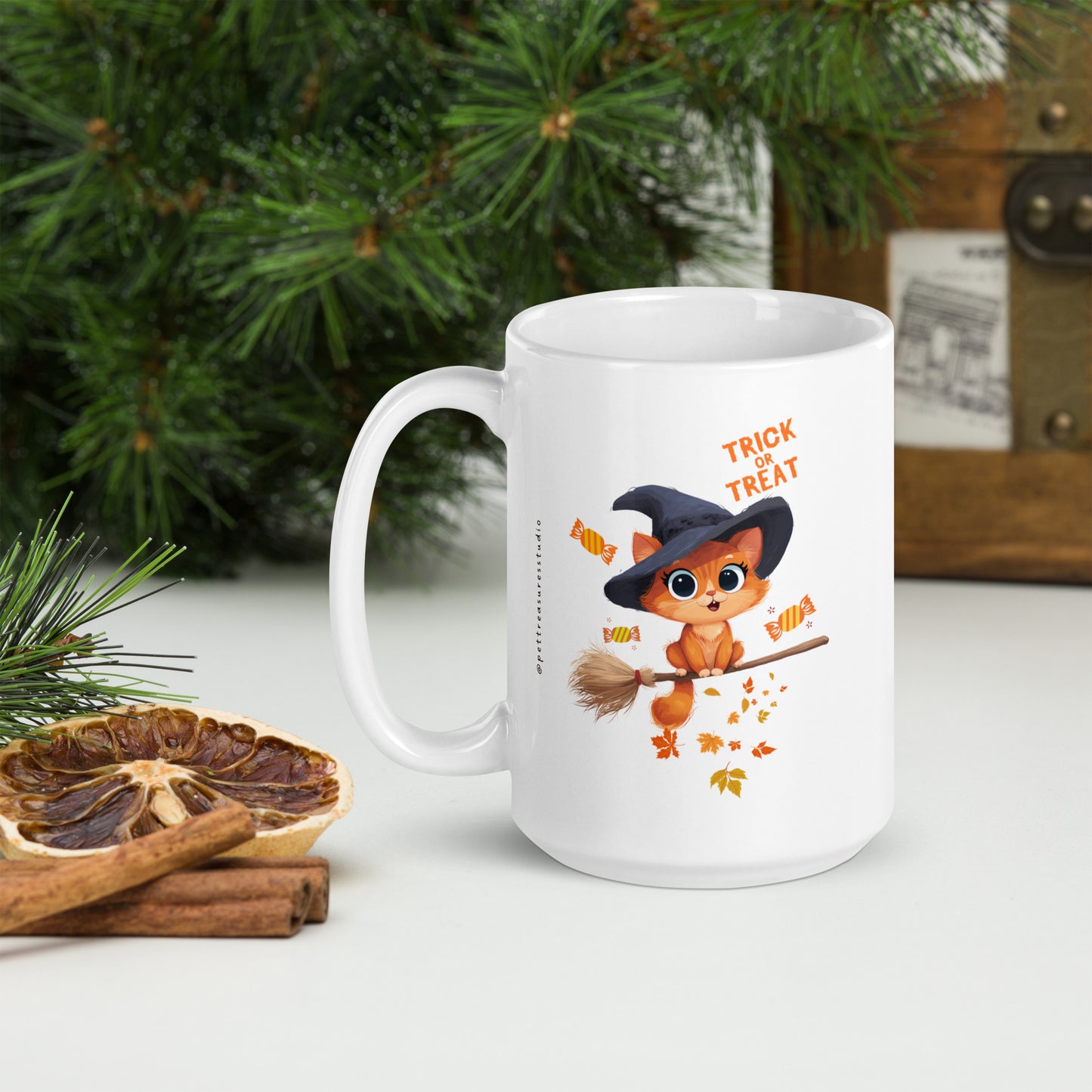 Trick or Treat Cat White Glossy Halloween Mug | Pet Treasures Studio